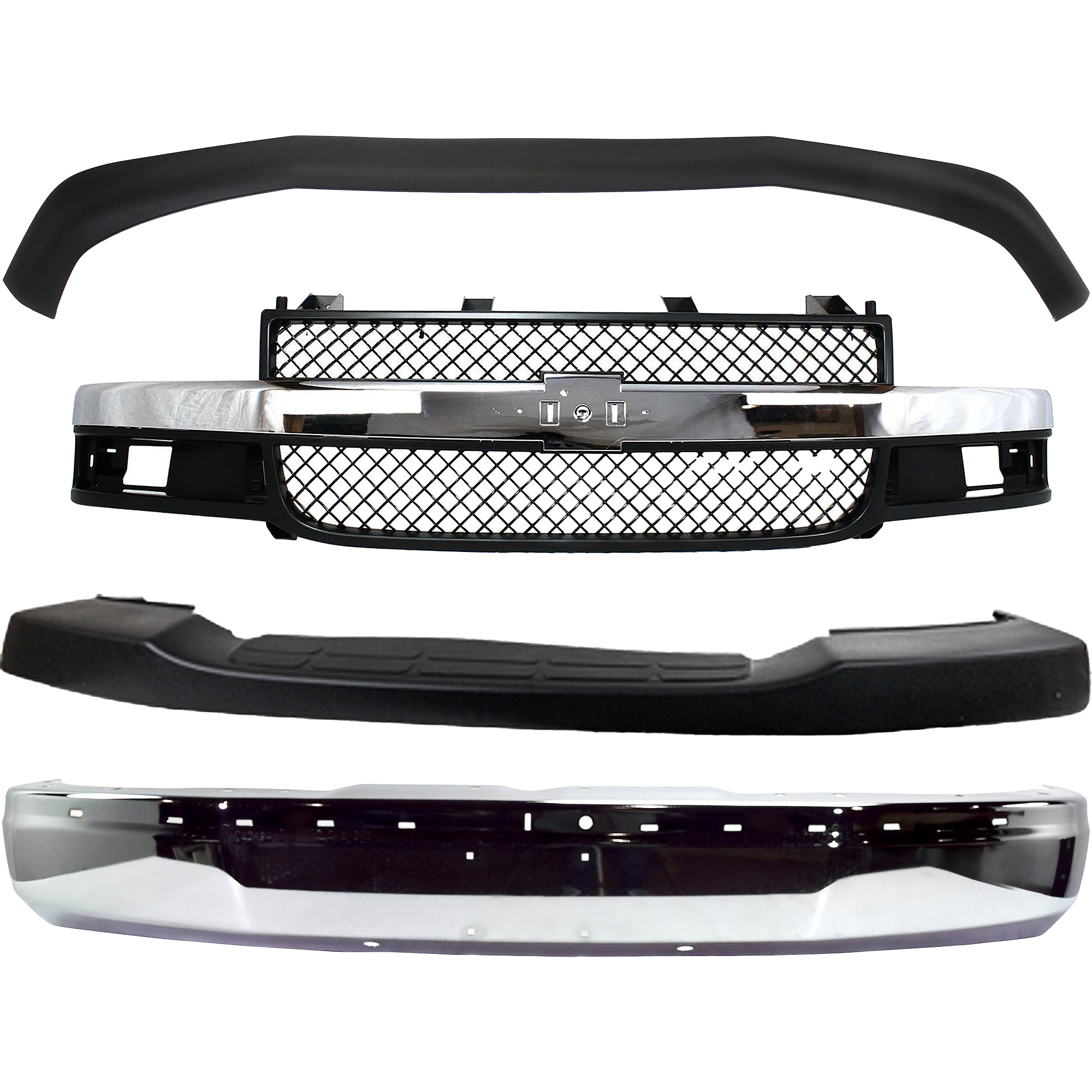 AM EXPRESS 1500-2500-3500-03-17 FRONT BUMPER Chrome 4 pc kit with Bumper Cover Grill Assembly and Valance SKU KIT 101322-02 Partslink GM1002459 GM1000693 GM1200535 GM1092226 OEM 19303361-22890548-84689070-257