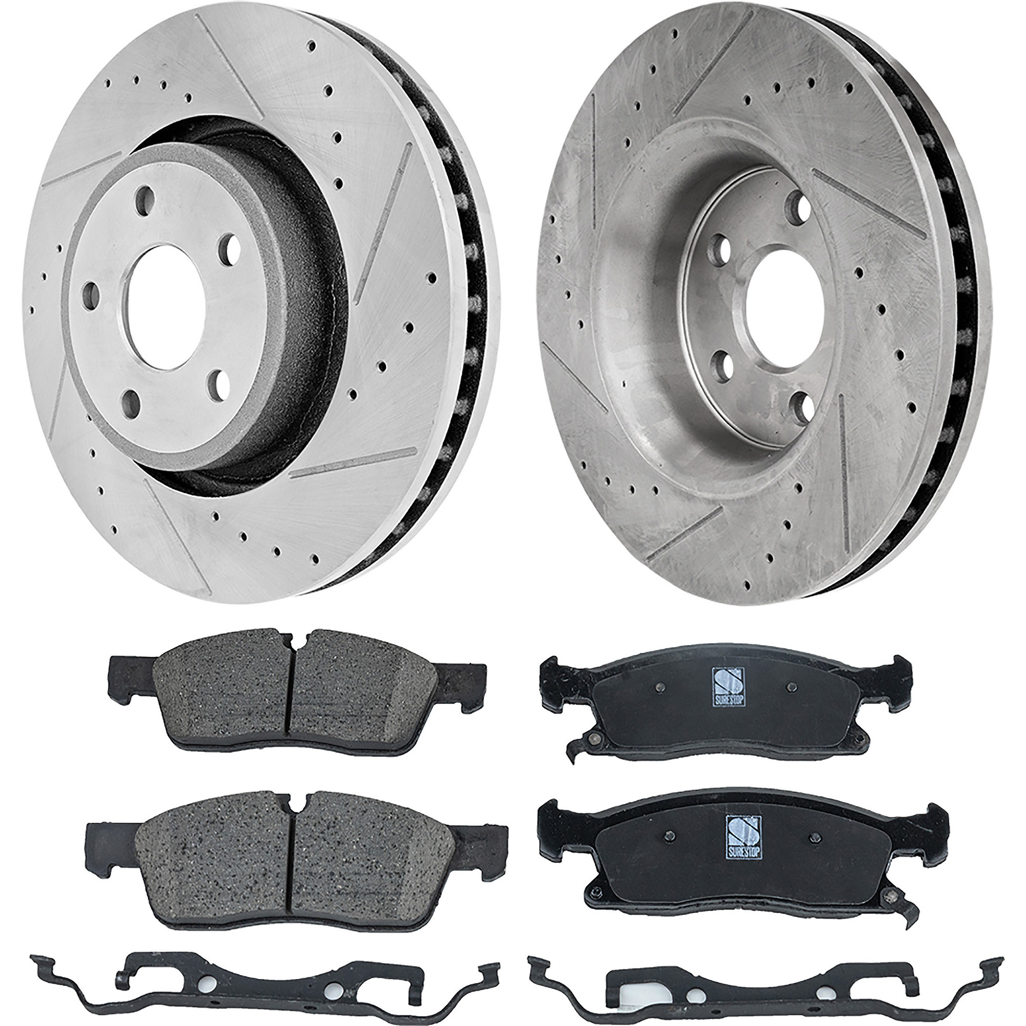 AM DURANGO GRAND CHEROKEE 11-16 FRONT BRAKE DISC AND PAD KIT 4 pc Kit Cross drilled and Slotted 5 Lugs SKU KIT 101322-04 OEM 43175-53064-850240-60042007-53