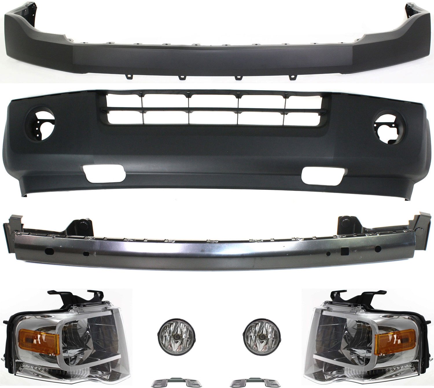AM EXPEDITION 07-14 HEAD LAMP RH AND LH with Bulbs 9 pc Kit with Bumper Brackets Bumper Covers Bumper Reinforcement and Fog Lights SKU KIT 101717-09 Partslink FO1065102 FO1014104 FO1000631 FO1006250 FO2593221 OEM 7L1Z13008AB PFM 7L1Z13008BB PF