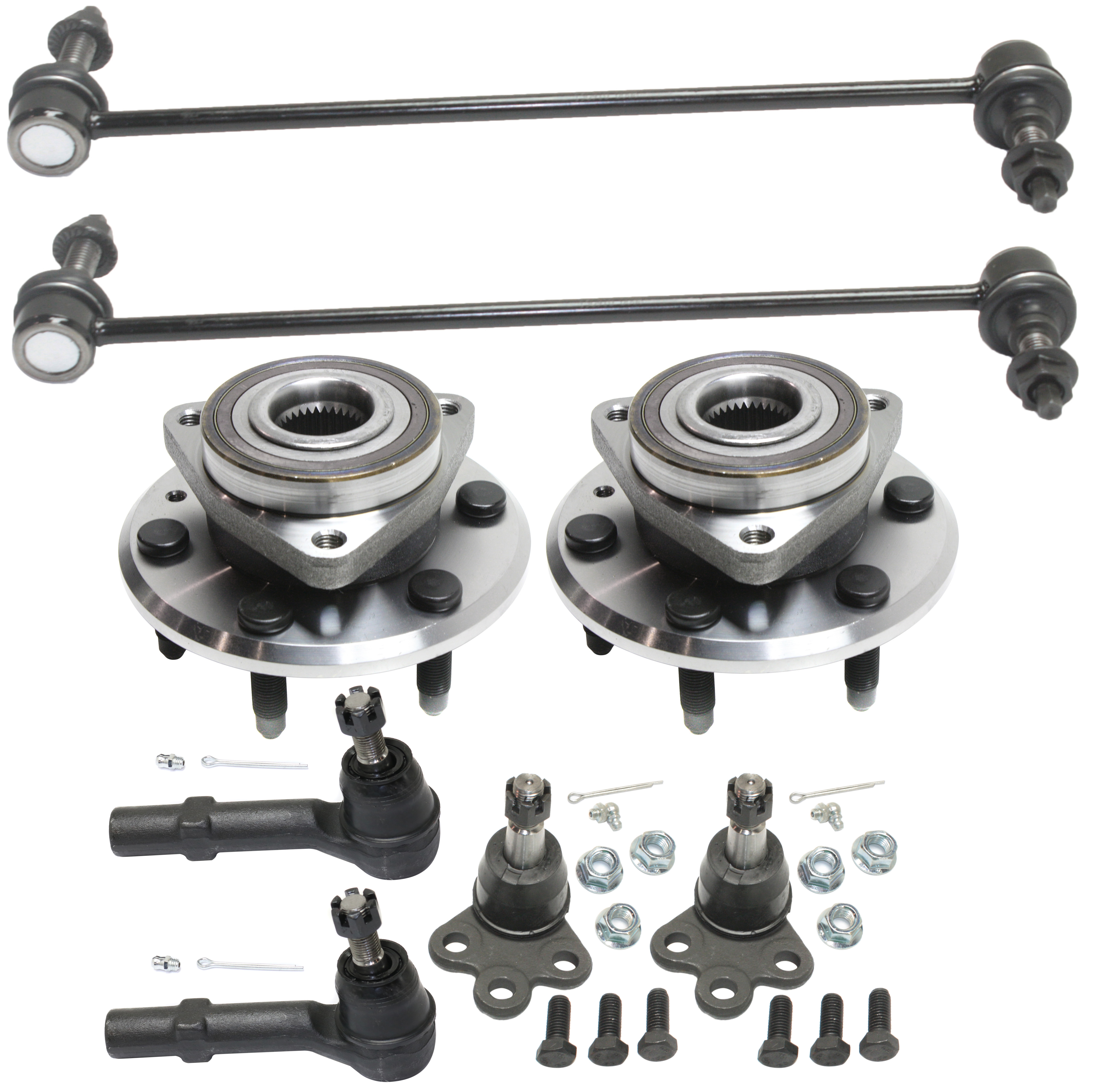 AM ACADIA 07-16 ENCLAVE 08-17 FRONT SUSPENSION KIT RH AND LH 8 pc kit with Ball Joints Sway Bar Links Tie Rod Ends and Wheel Hubs SKU KIT 101717-101 OEM 2601788-5051468-15863690-45D14