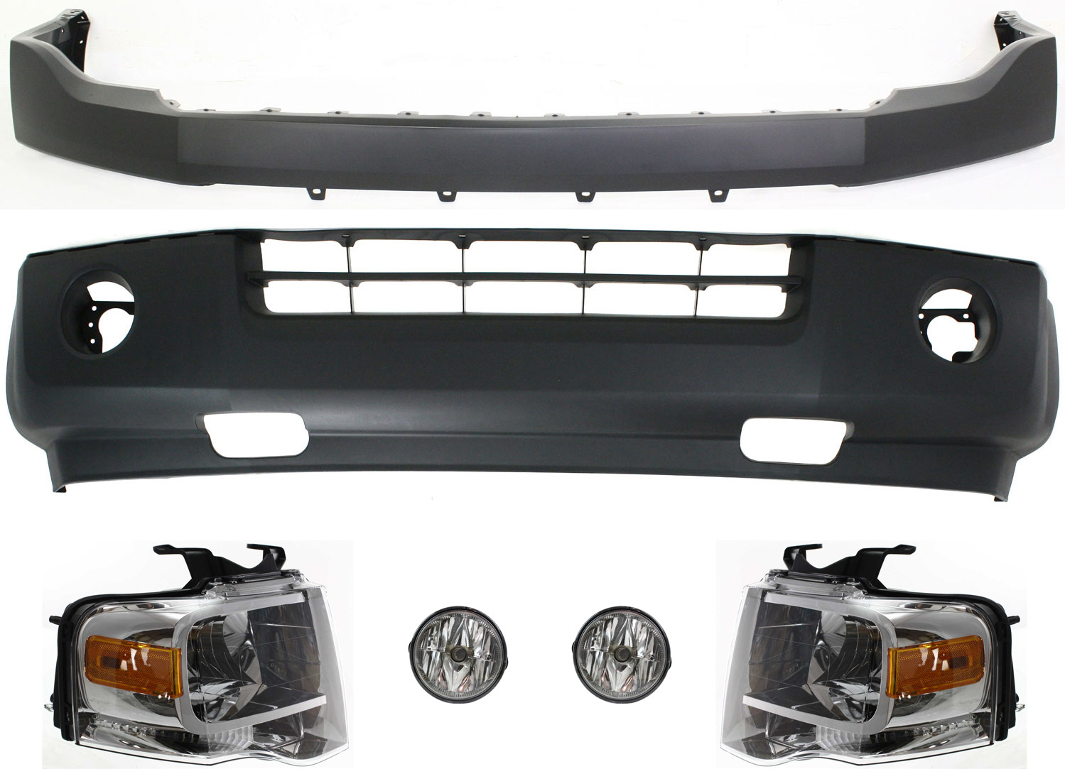 AM EXPEDITION 07-14 HEAD LAMP RH AND LH with Bulbs 6 pc Kit with Bumper Covers and Fog Lights SKU KIT 101717-10 Partslink FO1014104 FO1000631 FO2593221 OEM 7L1Z13008AB PFM 7L1Z13008BB PF