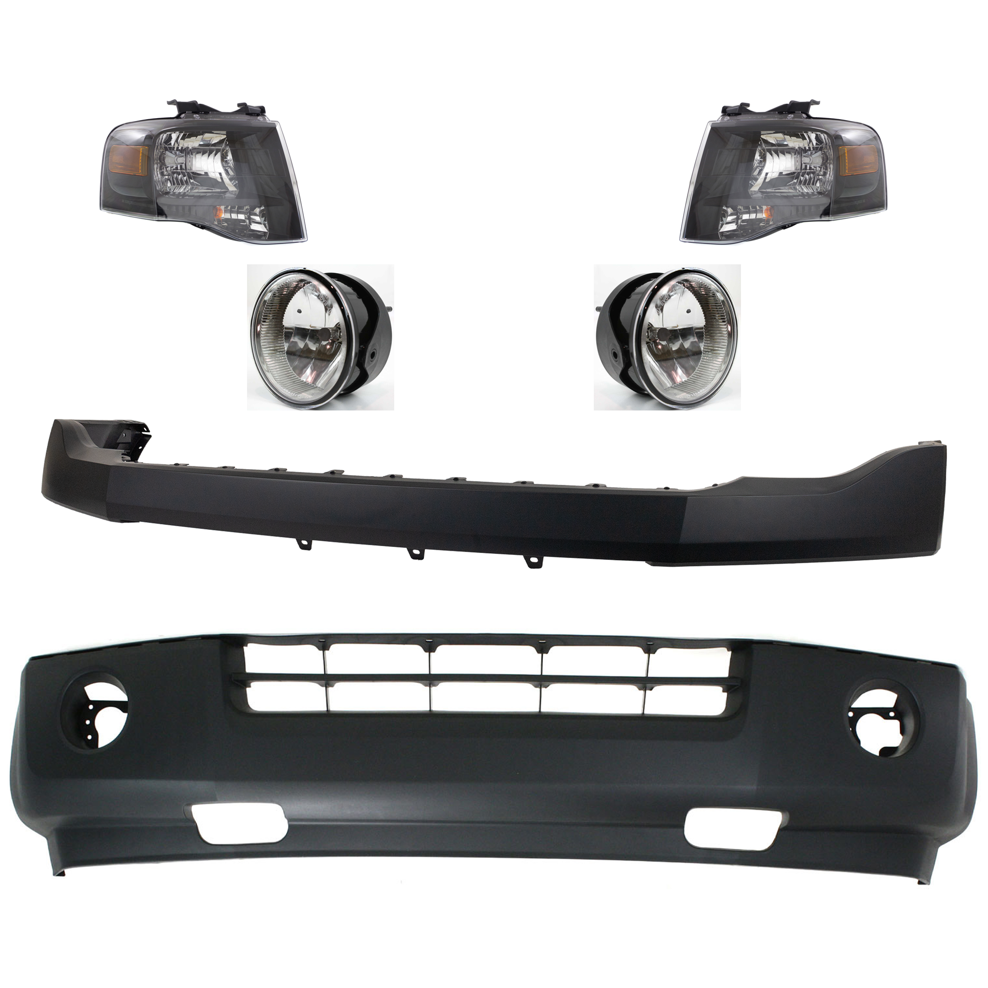 AM EXPEDITION 07-14 FRONT BUMPER COVER KIT 6 Pc Kit with Upper and Lower Bumper Covers Headlights and Fog Lights SKU KIT 101717-18 Partslink FO1000631 FO1014104 FO2593221 FO2502227 FO2503227 OEM 7L1Z17D957AA 7L1Z17D957BPTM AL