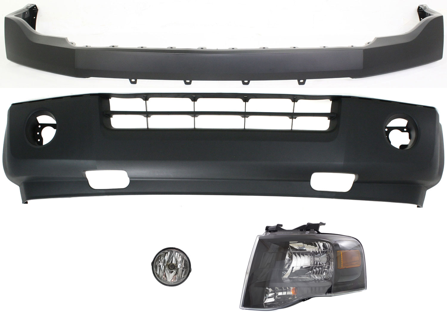 AM EXPEDITION 07-14 HEAD LAMP LH Assembly Halogen 4 pc Kit with Bumper Covers and Fog Light SKU KIT 101717-20 Partslink FO2502227 FO1014104 FO1000631 FO2593221 OEM 7L1Z13008DB PFM 7L1Z17D957BPTM