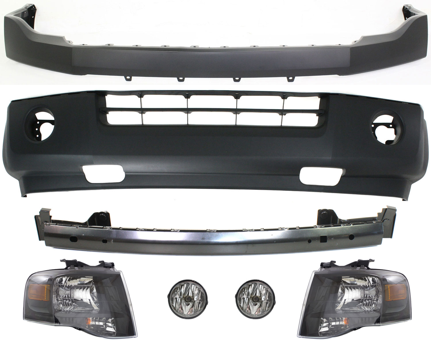 AM EXPEDITION 07-14 HEAD LAMP RH AND LH Assembly Halogen 7 pc Kit with Bumper Covers Bumper Reinforcement and Fog Lights SKU KIT 101717-21 Partslink FO2502227 FO2503227 FO1014104 FO1000631 FO1006250 FO2593221 OEM 7L1Z13008CB PFM 7L1Z13008DB PF