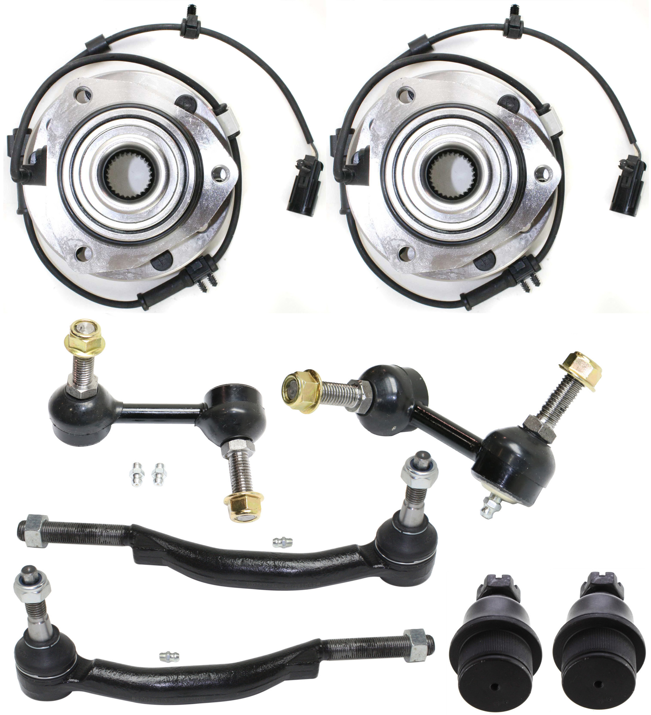 AM BRAVADA ENVOY ENVOY XL 02-03 FRONT SUSPENSION KIT RH AND LH 8 pc kit with Ball Joints Sway Bar Links Tie Rod Ends and Wheel Hubs SKU KIT 101717-30 OEM 104335-2601560-5051296-2215