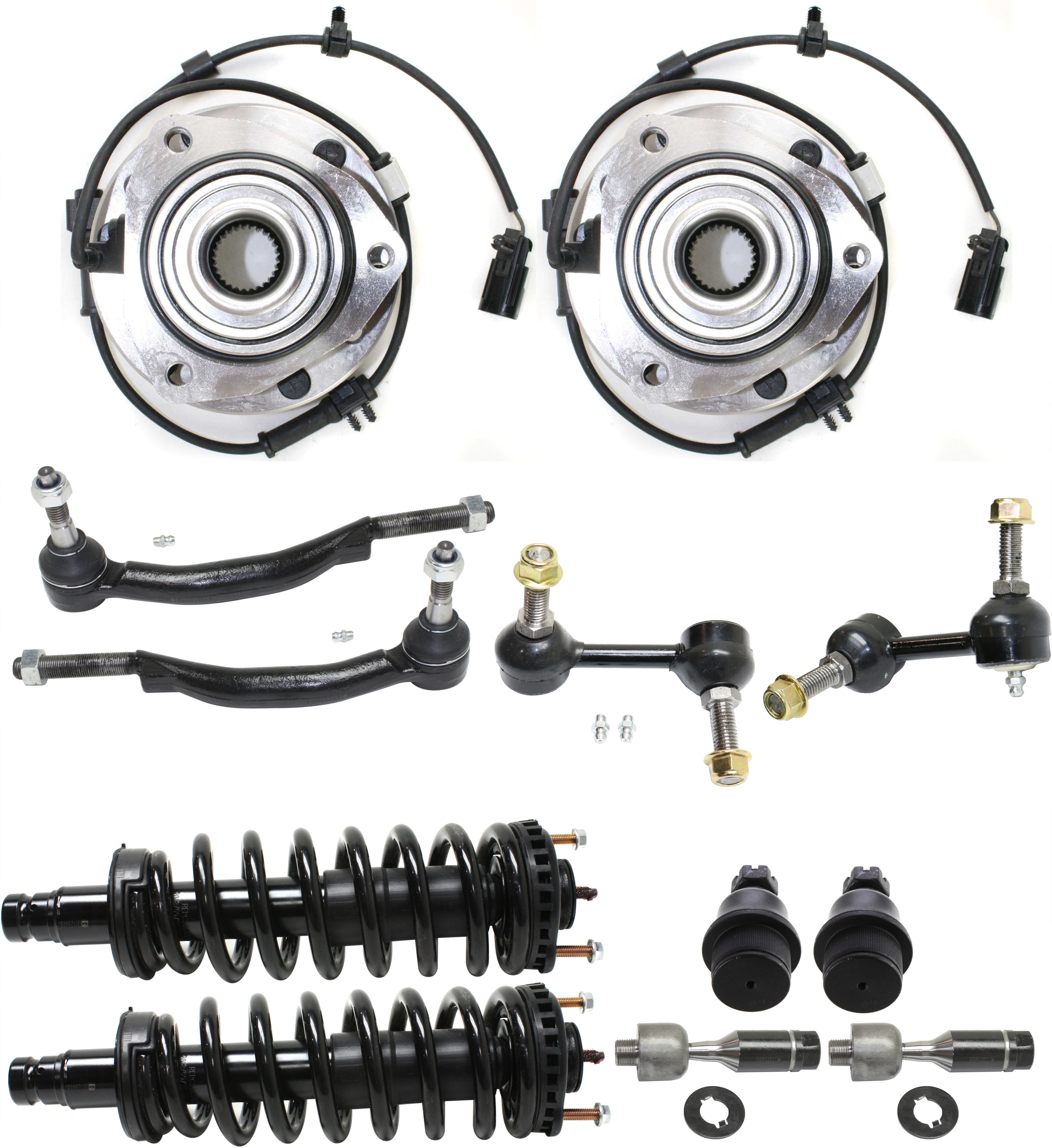 AM BRAVADA ENVOY ENVOY XL 02-03 FRONT SUSPENSION KIT RH AND LH 12 pc kit with Ball Joints Loaded Struts Sway Bar Links Tie Rod Ends and Wheel Hubs SKU KIT 101717-32 OEM 104-335-260-156-050-000-000-000-000