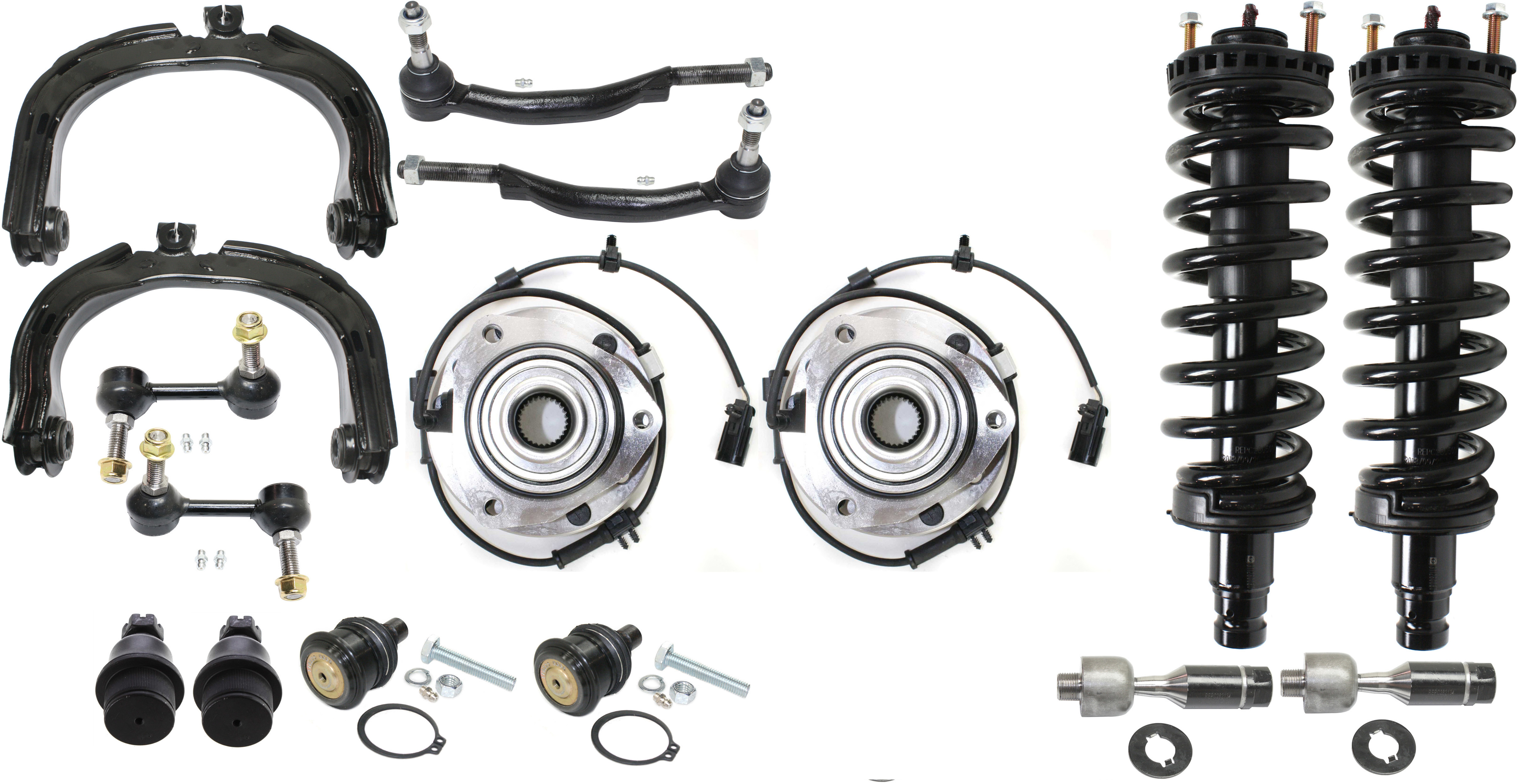 AM BRAVADA ENVOY TRAILBLAZER 02-03 FRONT CONTROL ARM KIT RH AND LH Upper 16 pc kit with Ball Joints Control Arms Loaded Struts Sway Bar Links Tie Rod Ends and Wheel Hubs SKU KIT 101717-46 OEM 104-335-260-156-050-000-000-000-000
