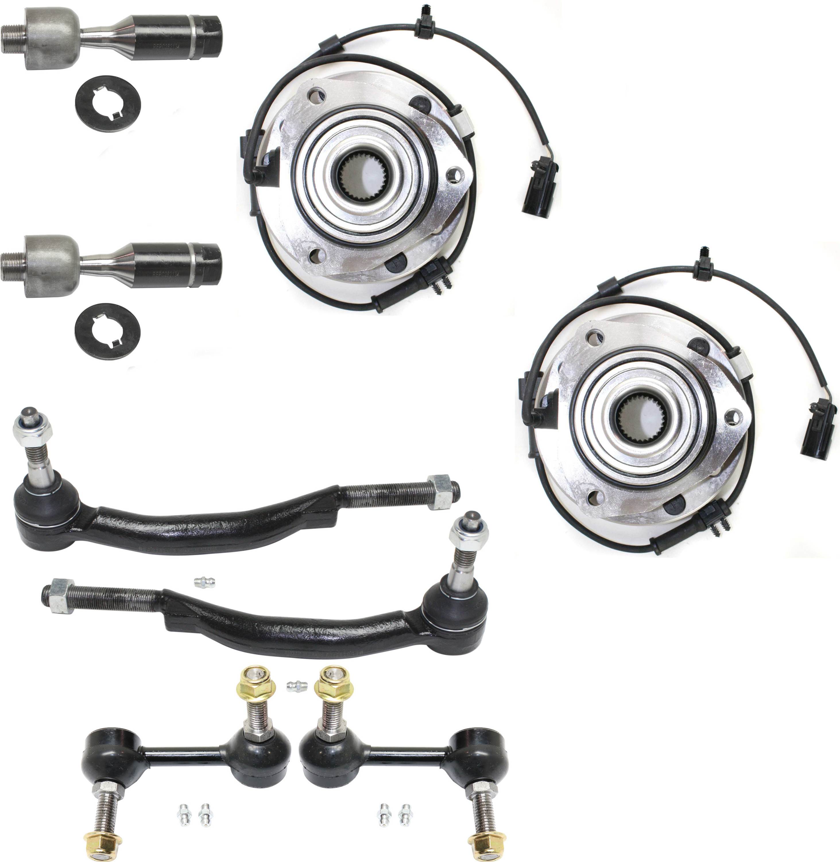 AM BRAVADA ENVOY ENVOY XL 02-03 FRONT SUSPENSION KIT RH AND LH 8 pc kit with Sway Bar Links Tie Rod Ends and Wheel Hubs SKU KIT 101717-51 OEM 18358-2651461-2651462-54512