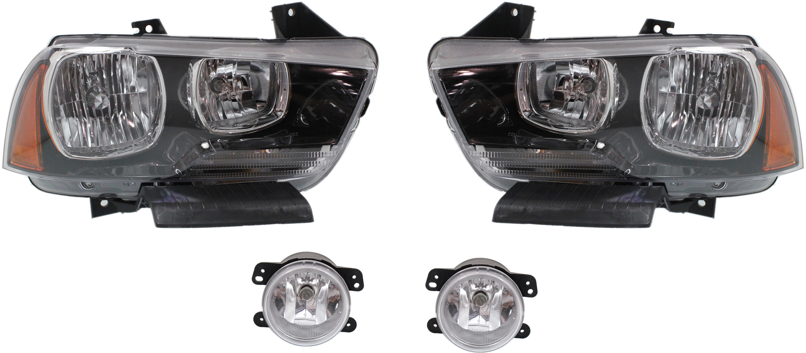 AM CHARGER 11-14 HEAD LAMP RH AND LH Assembly Halogen 4 pc Kit with Fog Lights SKU KIT 101717-72 OEM 57010410AF 57010410AE 57010411
