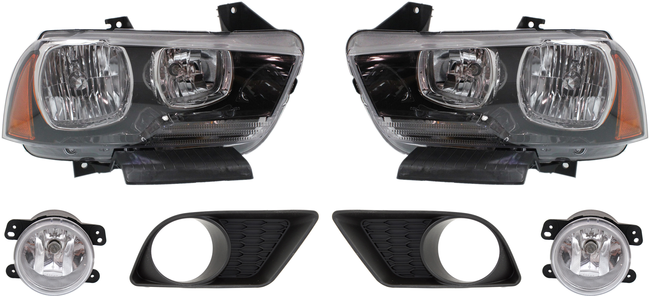 AM CHARGER 11-14 HEAD LAMP RH AND LH Assembly Halogen 6 pc Kit with Fog Light Trims and Fog Lights SKU KIT 101717-75 Partslink CH2503232 CH2502232 CH1038133 CH1039133 OEM 57010410AF 57010410AE 57010411
