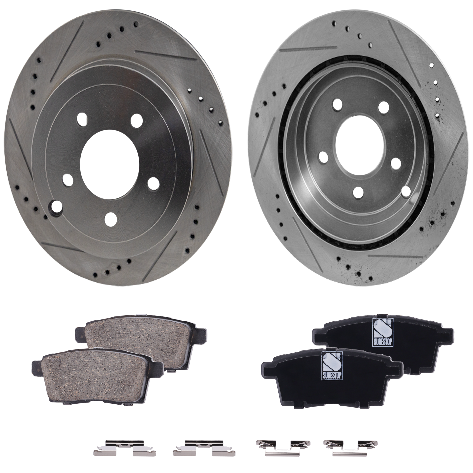 AM EDGE MKX 07-10 REAR BRAKE DISC AND PAD KIT 2 Wheel Set Cross drilled and Slotted 5 Lugs Ceramic SKU KIT 101823-01 OEM 42256-54156-60355-900300-60054