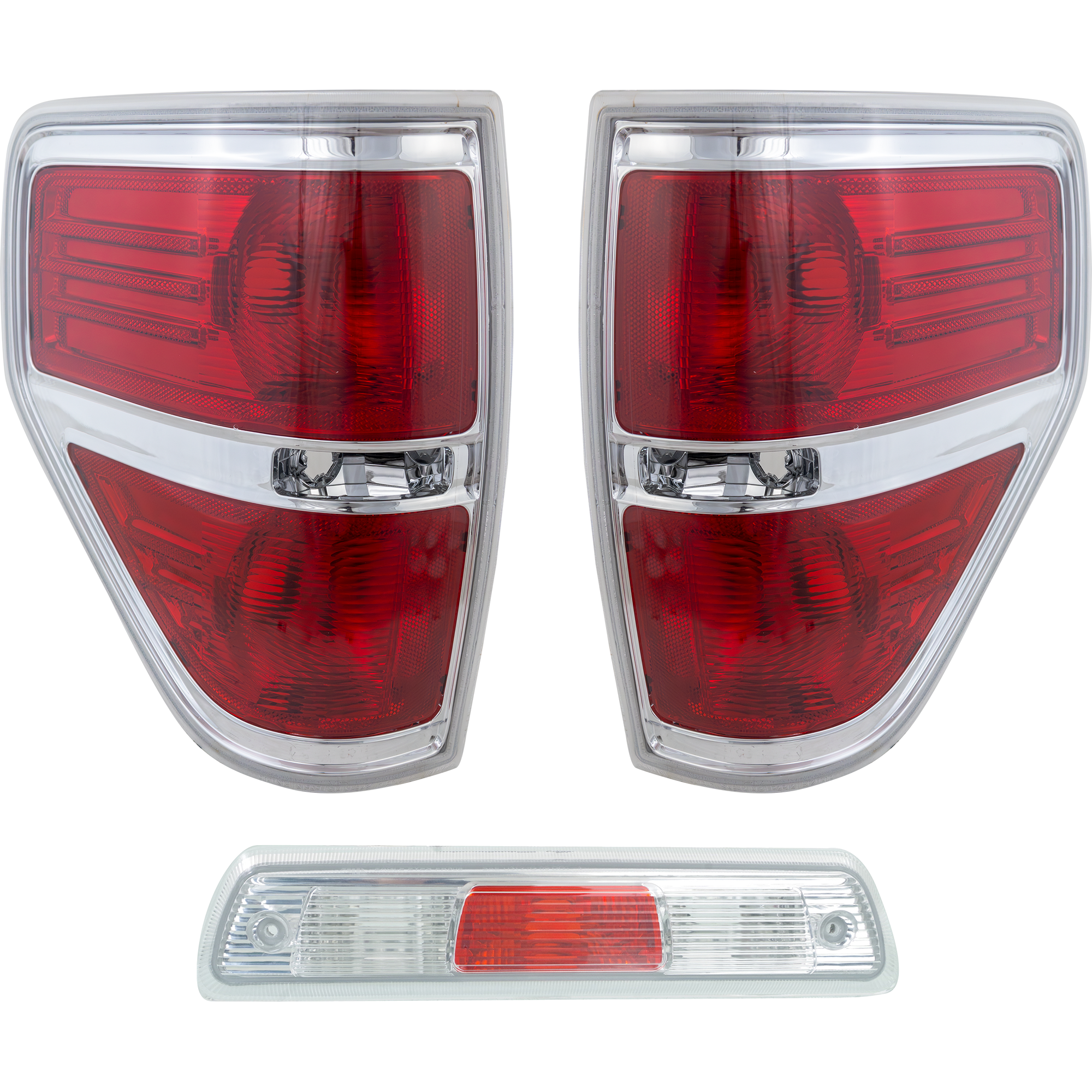 AM F 150-09-14 THIRD BRAKE LAMP 3 pc kit with Tail Lights SKU KIT 102018-04 Partslink FO20890104 FO2818143 FO2819143 OEM AL3Z13A613E BL3Z13405B BL3Z134