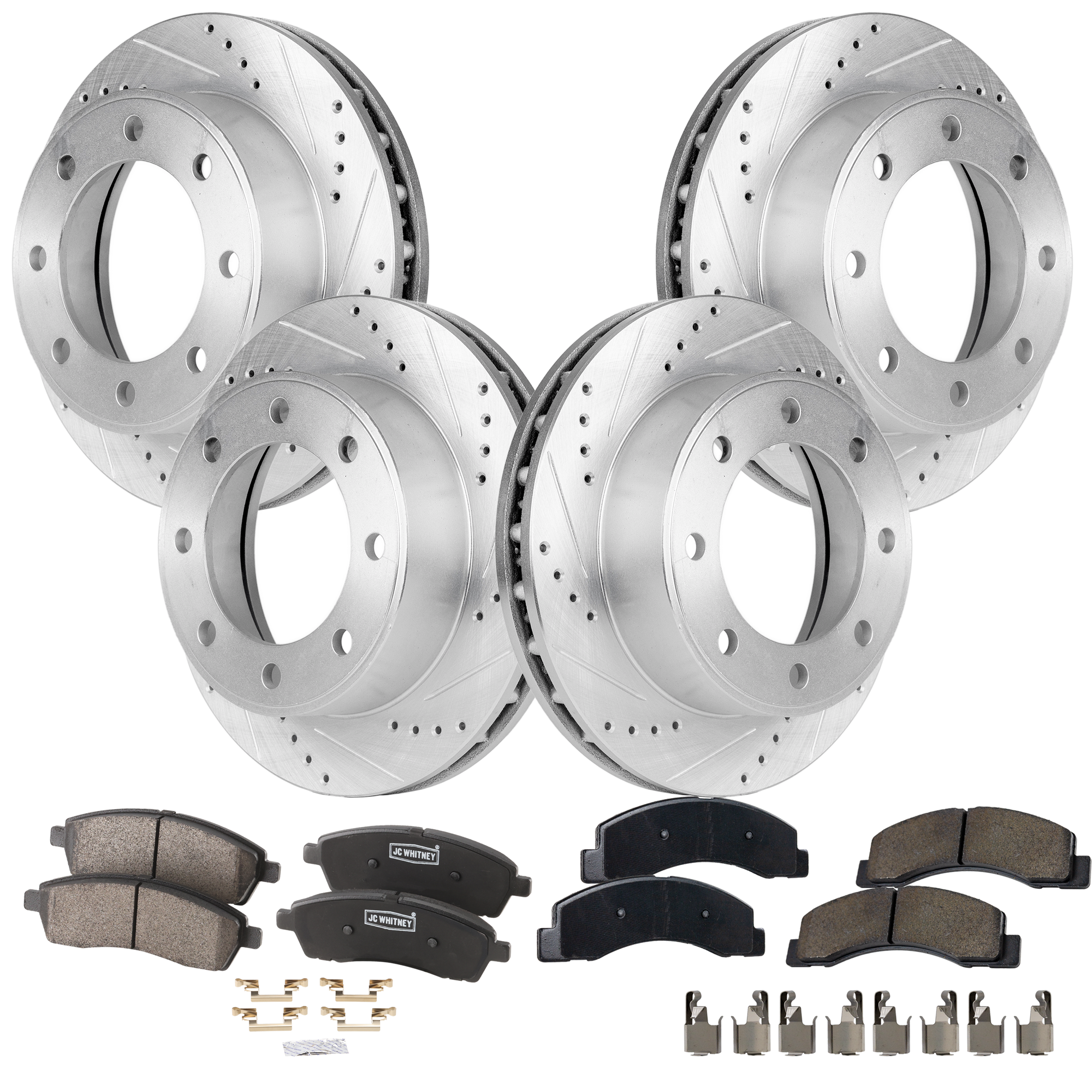 AM F 250 SUPER DUTY 99-04 EXCURSION 00-05 FRONT AND REAR BRAKE DISC AND PAD KIT 4 Wheel Set Cross drilled and Slotted 8 Lugs Semi Metallic SKU KIT 102423-01 OEM 19908-54078-66914-145274-49227