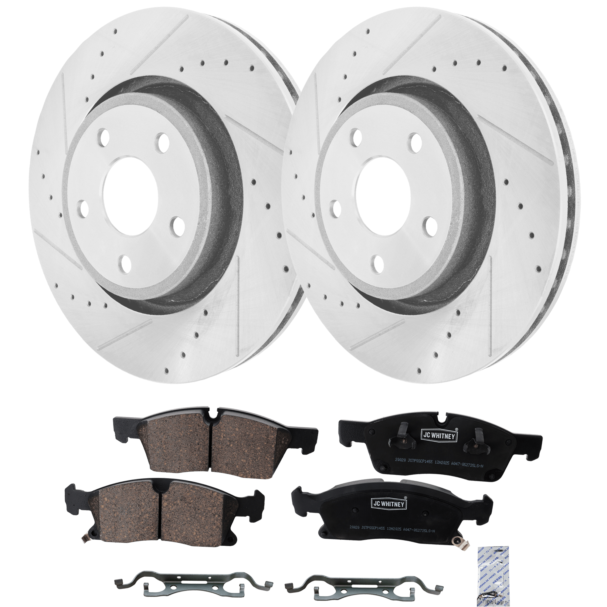 AM DURANGO GRAND CHEROKEE 11-16 FRONT BRAKE DISC AND PAD KIT 2 Wheel Set SKU KIT 102425 GD115 OEM 43175-53064-850240-60042007-53