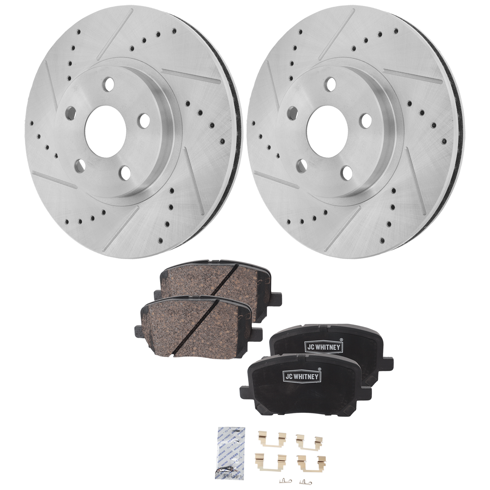 AM COROLLA VIBE 03-08 FRONT BRAKE DISC AND PAD KIT 2 Wheel Set SKU KIT 102425 GD382 OEM 19336-31270-77175-96934-107301