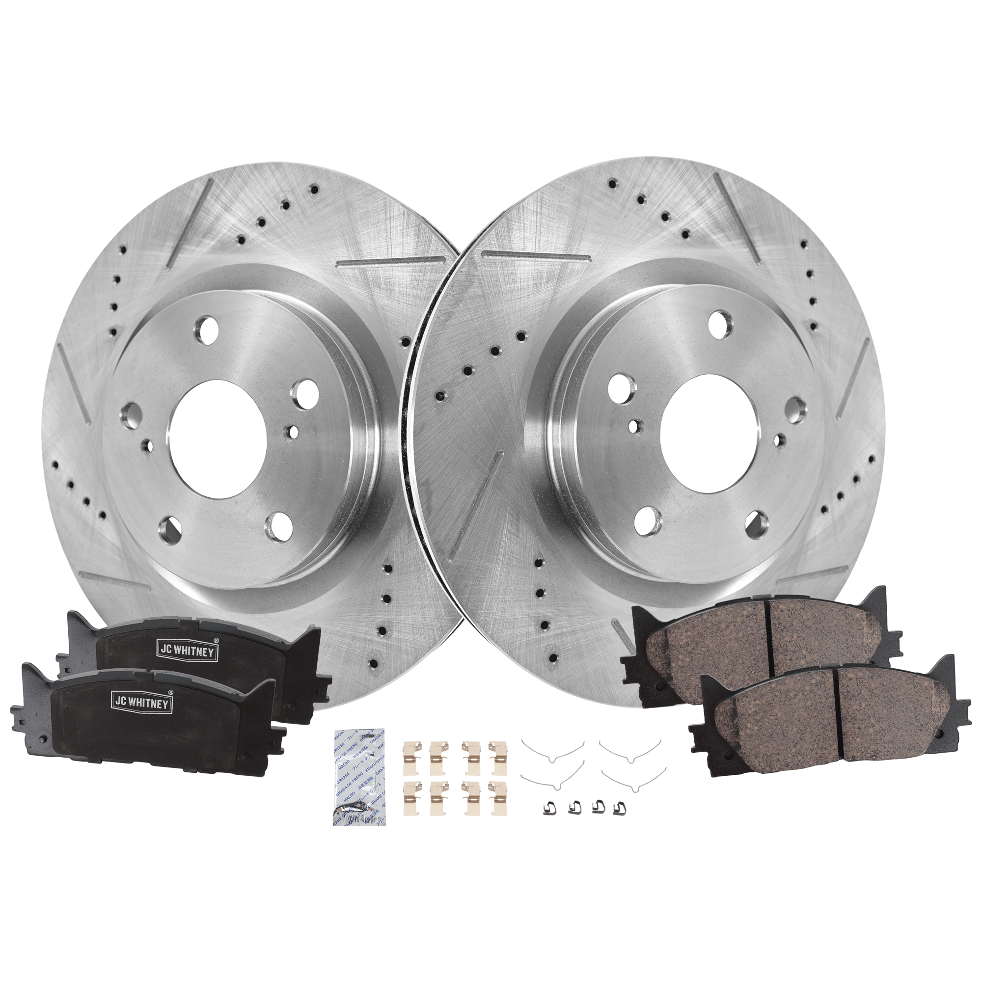 AM ES350-07-18 FRONT BRAKE DISC AND PAD KIT 2 Wheel Set SKU KIT 102425 GD394 OEM 31434-31551-44582-44748-145713