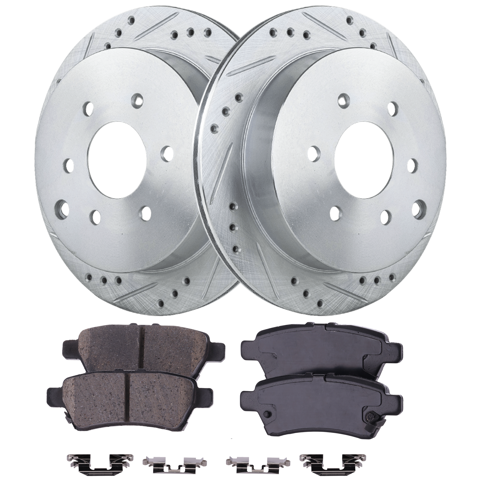 AM XTERRA 06-07 REAR BRAKE DISC AND PAD KIT 2 Wheel Set Cross drilled and Slotted Vented 6 Lugs SKU KIT 102425 GD624 OEM 31410-44585-0832977-980368-488