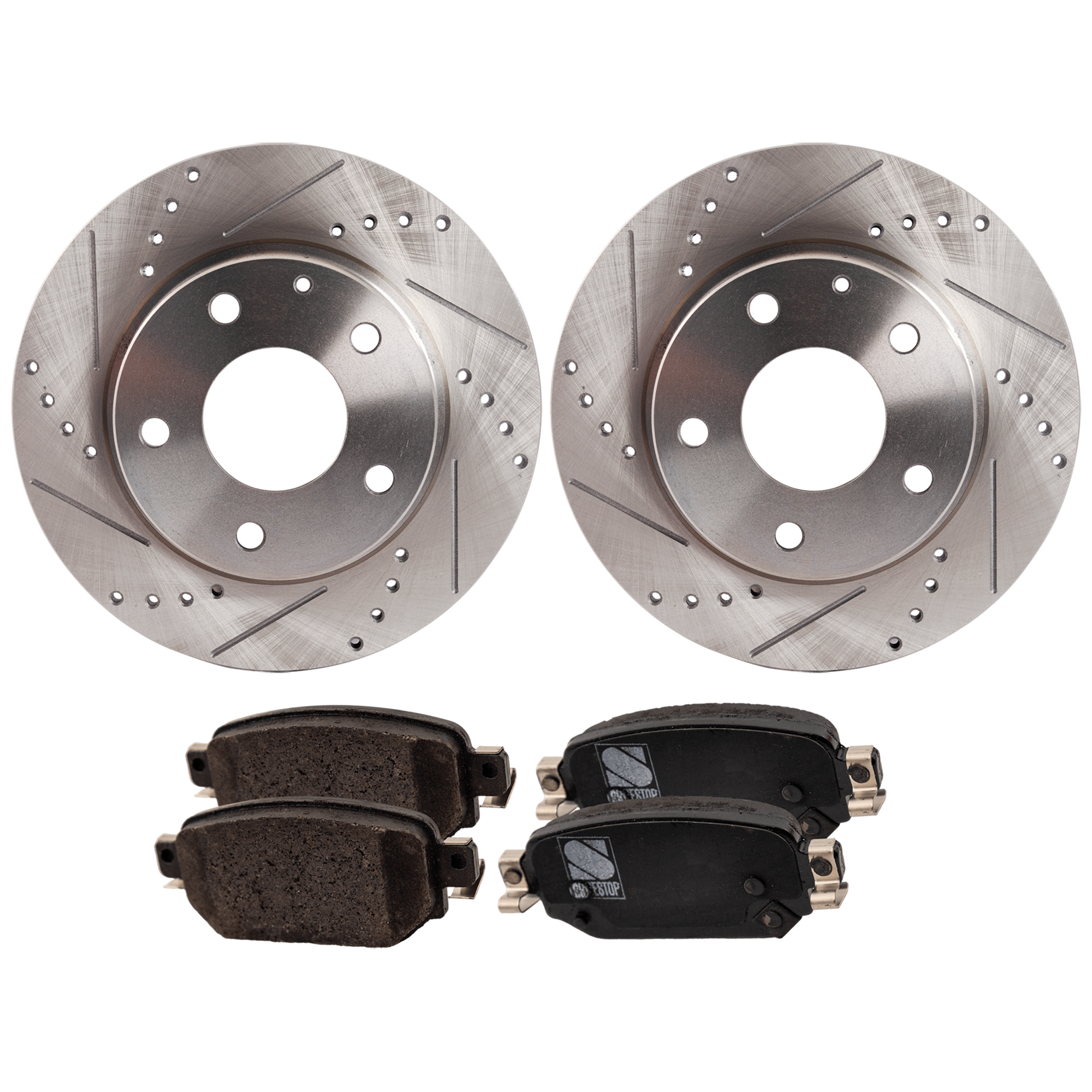 AM 3-17-18 REAR BRAKE DISC AND PAD KIT 2 Wheel Set Cross drilled and Slotted Solid 5 Lugs SKU KIT 102425 GD663 OEM 44787-0833586-60080049-981500R
