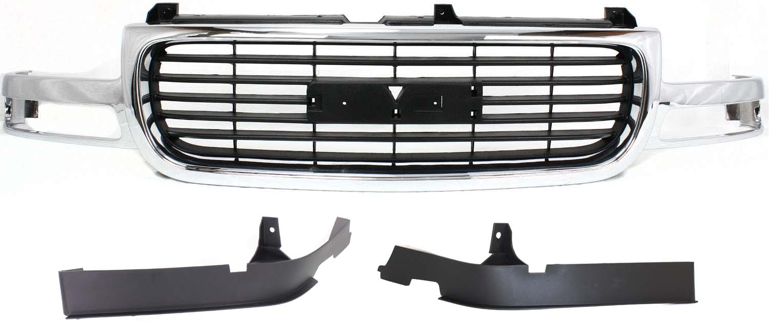AM SIERRA 1500 SIERRA 2500-99-02 YUKON 00-06 GRILLE 3 pc Kit Chrome Shell Painted Black Insert Exc. C3 Denali Models with Bumper Trims SKU KIT 102517-33 Partslink GM1200430 GM1088170 GM1089170 OEM 19130787-15049381-15102067