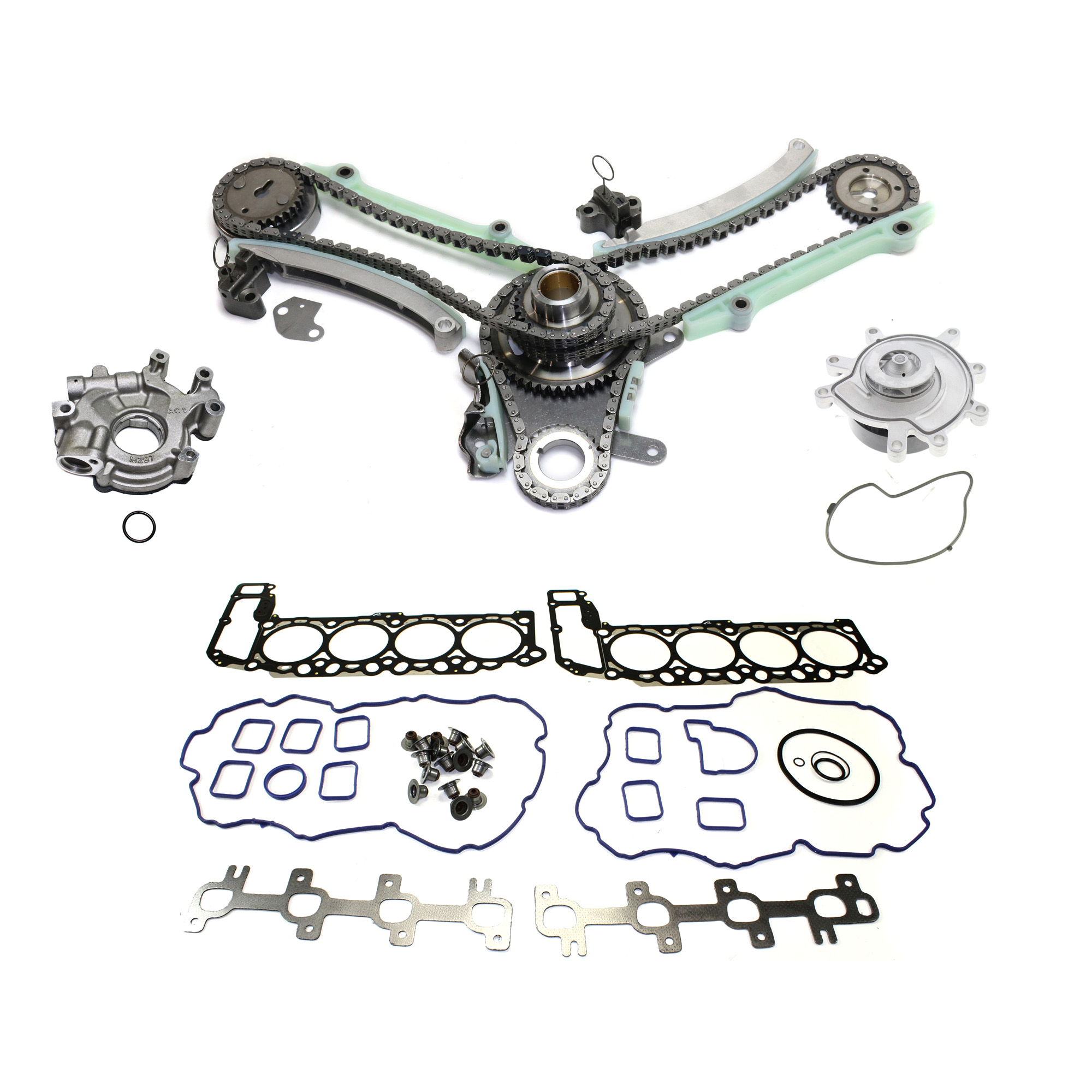 AM GRAND CHEROKEE 99-03 RAM 1500-02-02 TIMING CHAIN KIT SOHC 4.7L Engine 4 pc kit w Cylinder Head Gasket Oil Pump and Water Pump SKU KIT 102713-84 OEM 53020827-20434-39240-43163-432