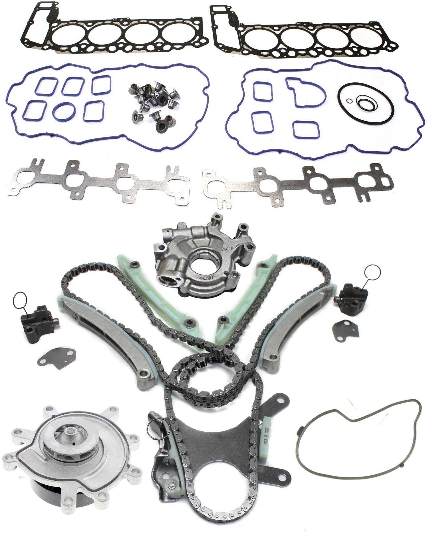 AM GRAND CHEROKEE 99-03 RAM 1500-02-03 TIMING CHAIN KIT SOHC 4.7L Engine 4 pc kit w Cylinder Head Gasket Oil Pump and Water Pump SKU KIT 102713-85 OEM 90393SX 53020827-20434-39240-4