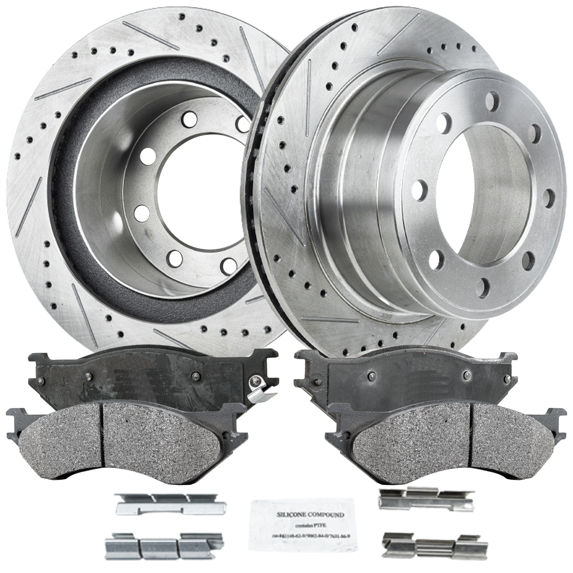 AM DODGE FULL SIZE PICKUP 03-08 REAR BRAKE DISC AND PAD KIT 2 Wheel Set Cross drilled and Slotted SKU KIT 102822-04 OEM 19340-53011-145452-780139-4888