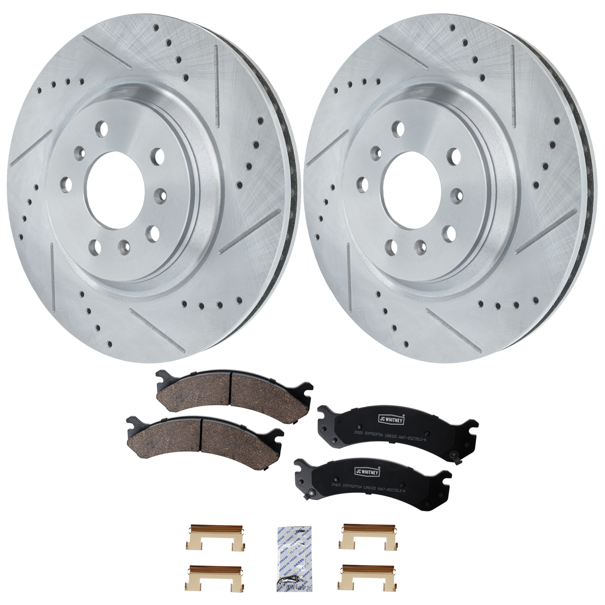 AM DTS 06-11 FRONT BRAKE DISC AND PAD KIT 2 Wheel Set Cross drilled and Slotted Vented 5 Lugs SKU KIT 103125 GD011 OEM 41217-55124-60421-580387-90038