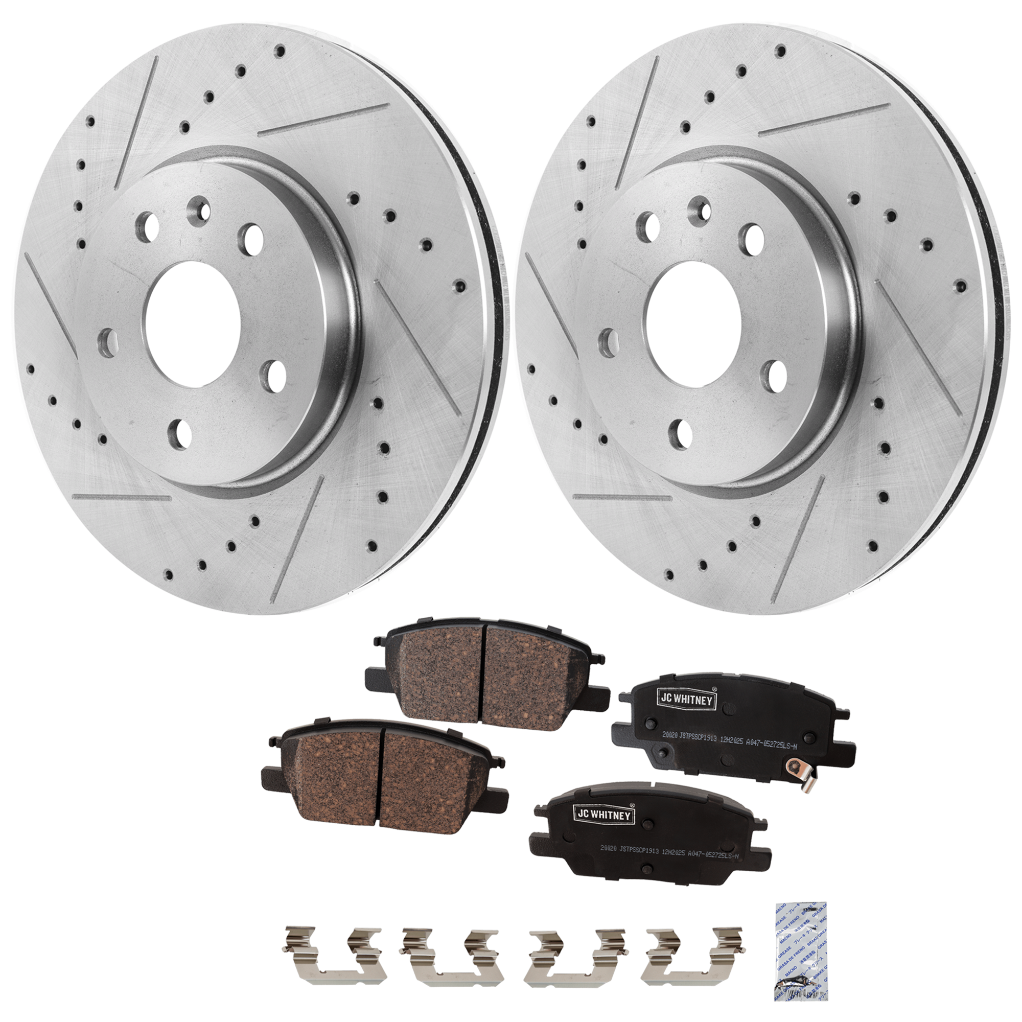 AM MALIBU 16-16 FRONT BRAKE DISC AND PAD KIT 2 Wheel Set Cross drilled and Slotted Vented 5 Lugs SKU KIT 103125 GD021 OEM 41260-55174-493112-850160-8862