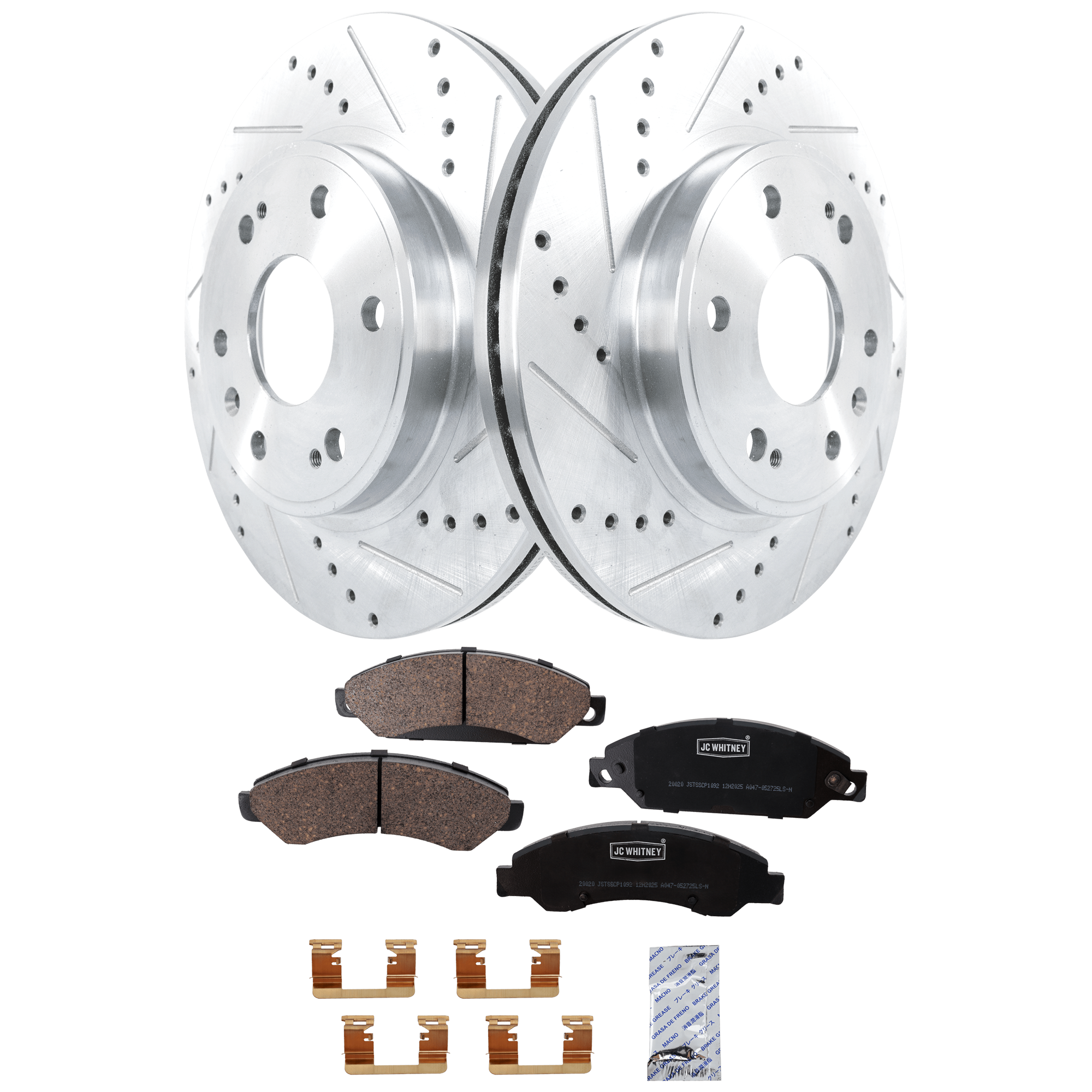 AM SIERRA 1500-05-06 FRONT BRAKE DISC AND PAD KIT 2 Wheel Set Cross drilled and Slotted Vented 6 Lugs SKU KIT 103125 GD033 OEM 19914-55054-56825-101419-14525