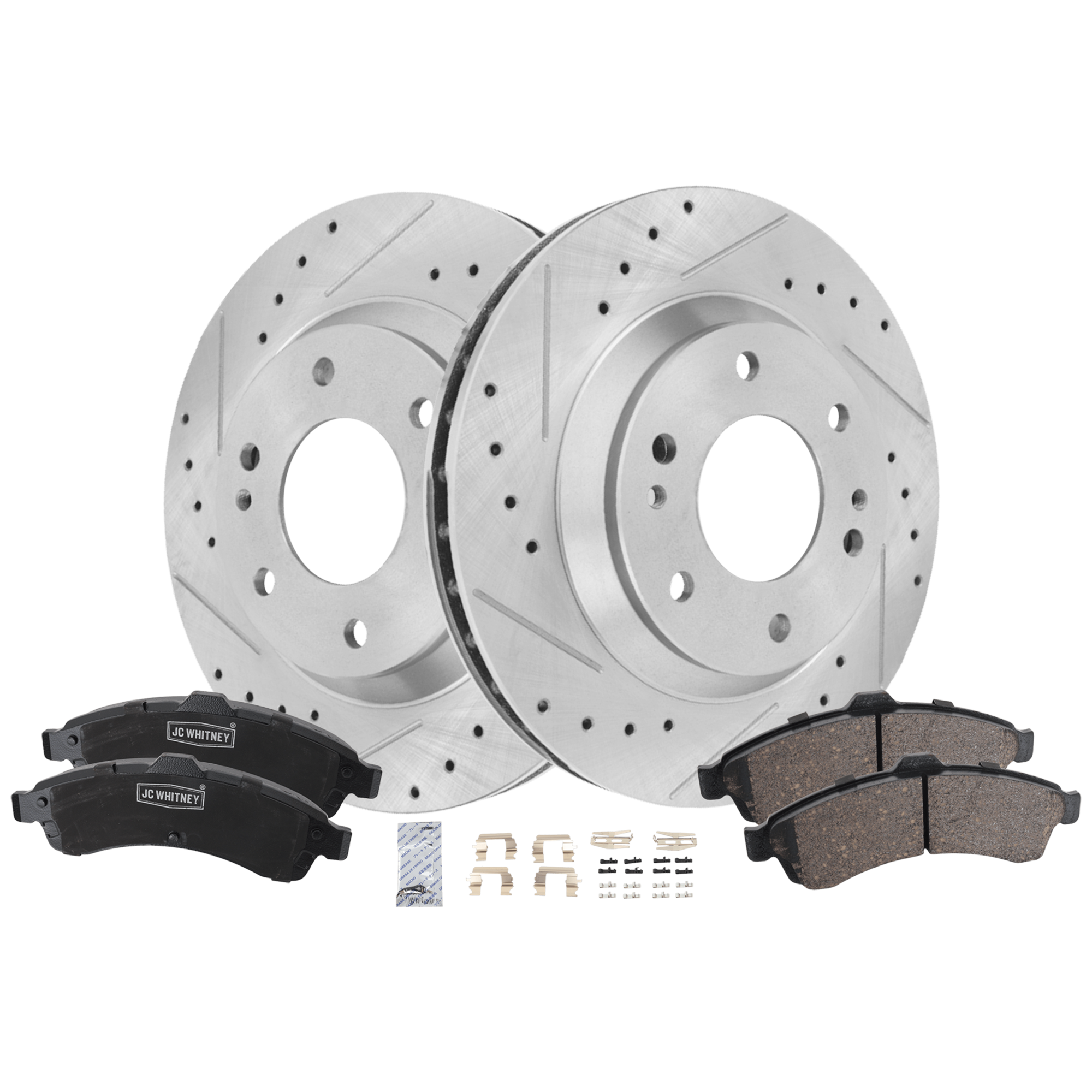 AM TRAILBLAZER 02-05 ENVOY 02-05 FRONT BRAKE DISC AND PAD KIT 2 Wheel Set Cross drilled and Slotted Vented 6 Lugs SKU KIT 103125 GD038 OEM 19943-55069-101757-145304-5800