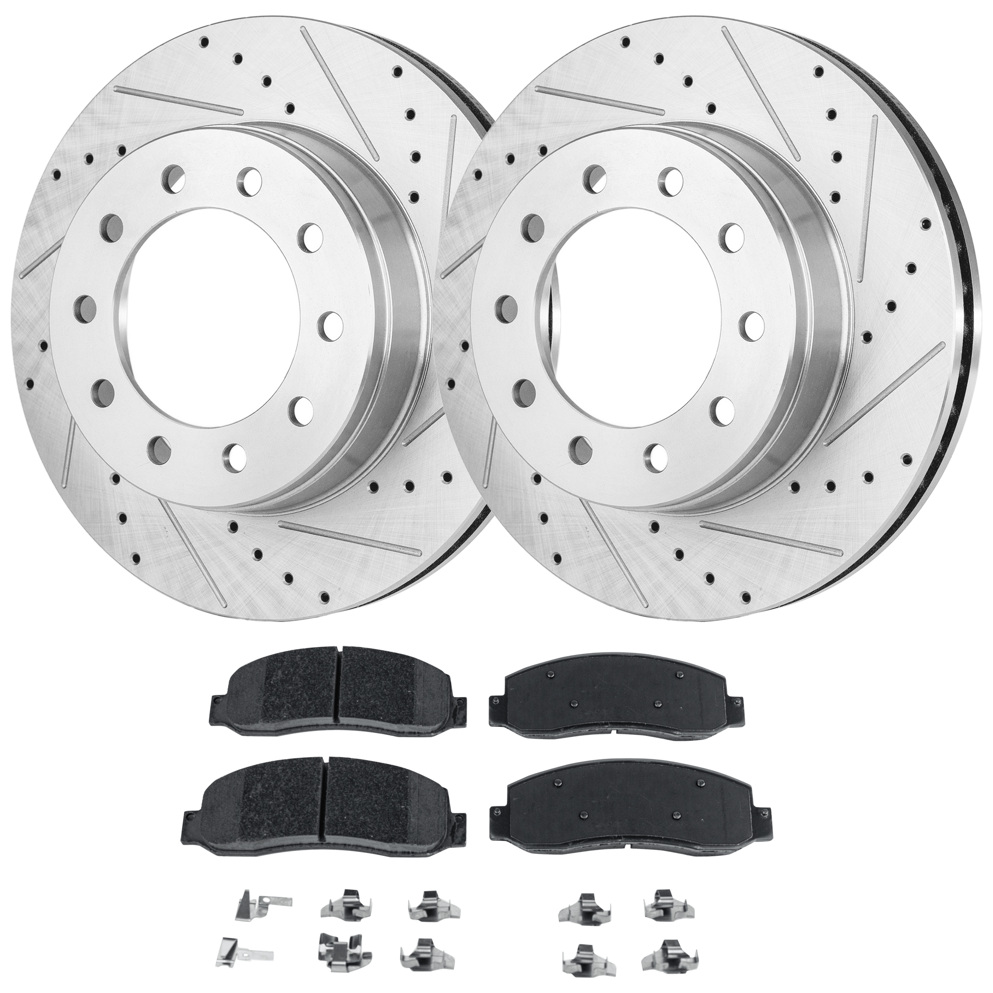 AM F 450 SUPER DUTY 11-11 FRONT BRAKE DISC AND PAD KIT 2 Wheel Set Cross drilled and Slotted Vented 10 Lugs SKU KIT 103125 GD049 OEM 54128-680305-60054197-54128G 6