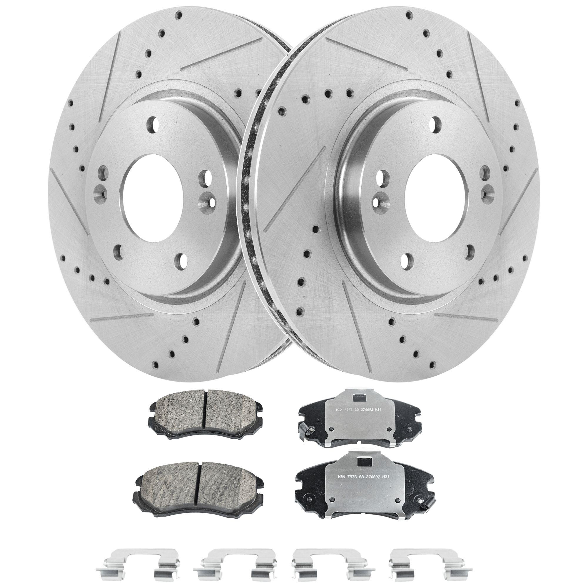 AM SONATA 05-10 FRONT BRAKE DISC AND PAD KIT 2 Wheel Set Cross drilled and Slotted Vented 5 Lugs SKU KIT 103125 GD093 OEM 31427-60289-145832-0833006-900