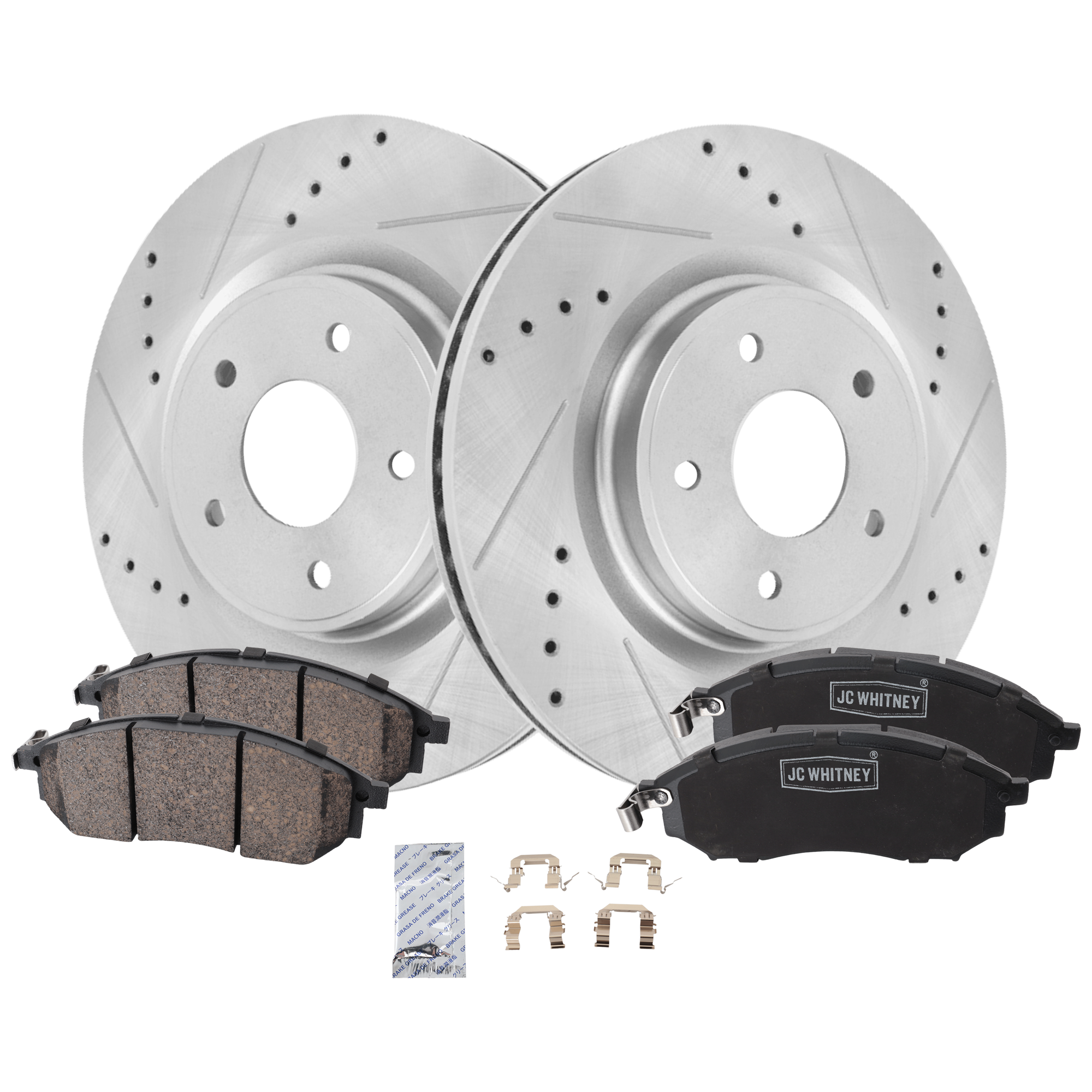 AM 370Z 20-20 FRONT BRAKE DISC AND PAD KIT 2 Wheel Set Cross drilled and Slotted Vented 5 Lugs SKU KIT 103125 GD116 OEM 44765-0833566-850356-60067105