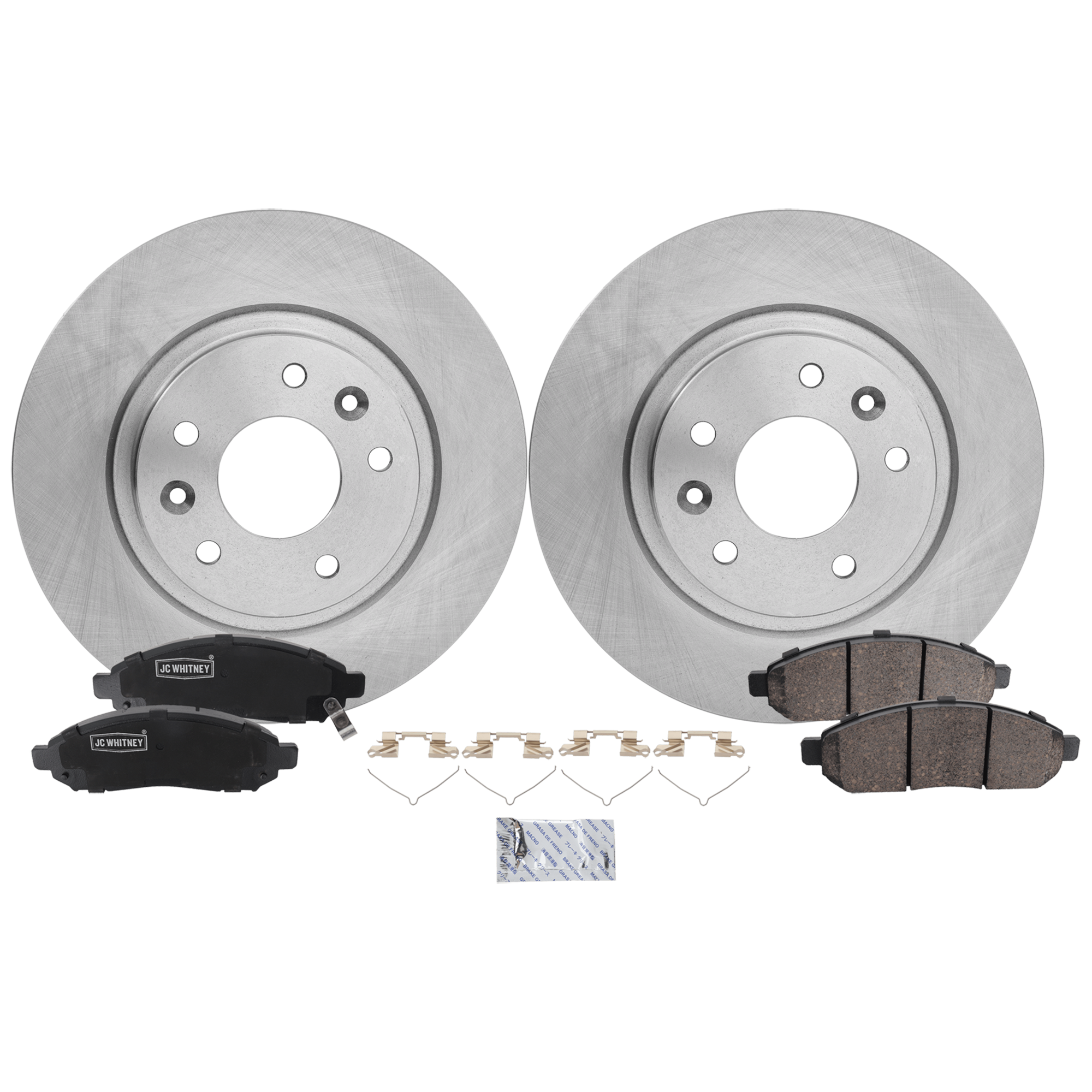 AM LEAF 14-14 FRONT BRAKE DISC AND PAD KIT 2 Wheel Set Plain Surface Solid 5 Lugs SKU KIT 103125 GD117 OEM 44822-0833593-850376-60067106