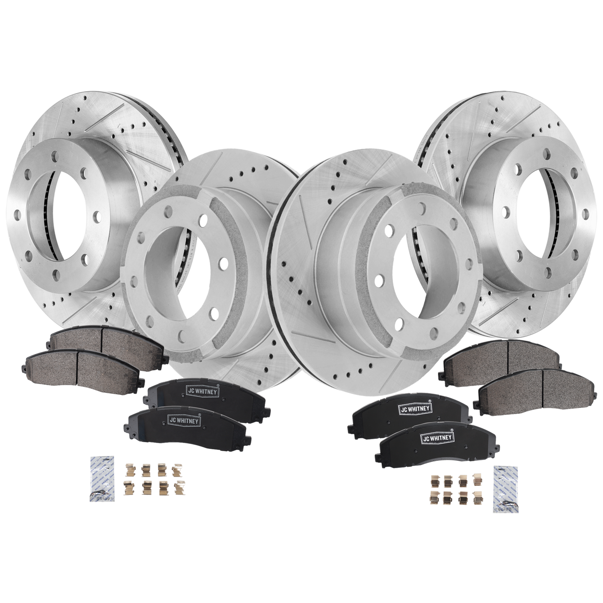 AM F 350 SUPER DUTY 13-22 F 250 SUPER DUTY 13-22 FRONT AND REAR BRAKE DISC AND PAD KIT 4 Wheel Set Cross drilled and Slotted Vented 8 Lugs SKU KIT 110125 GD002 OEM 42293-681778-850348-60054227-6