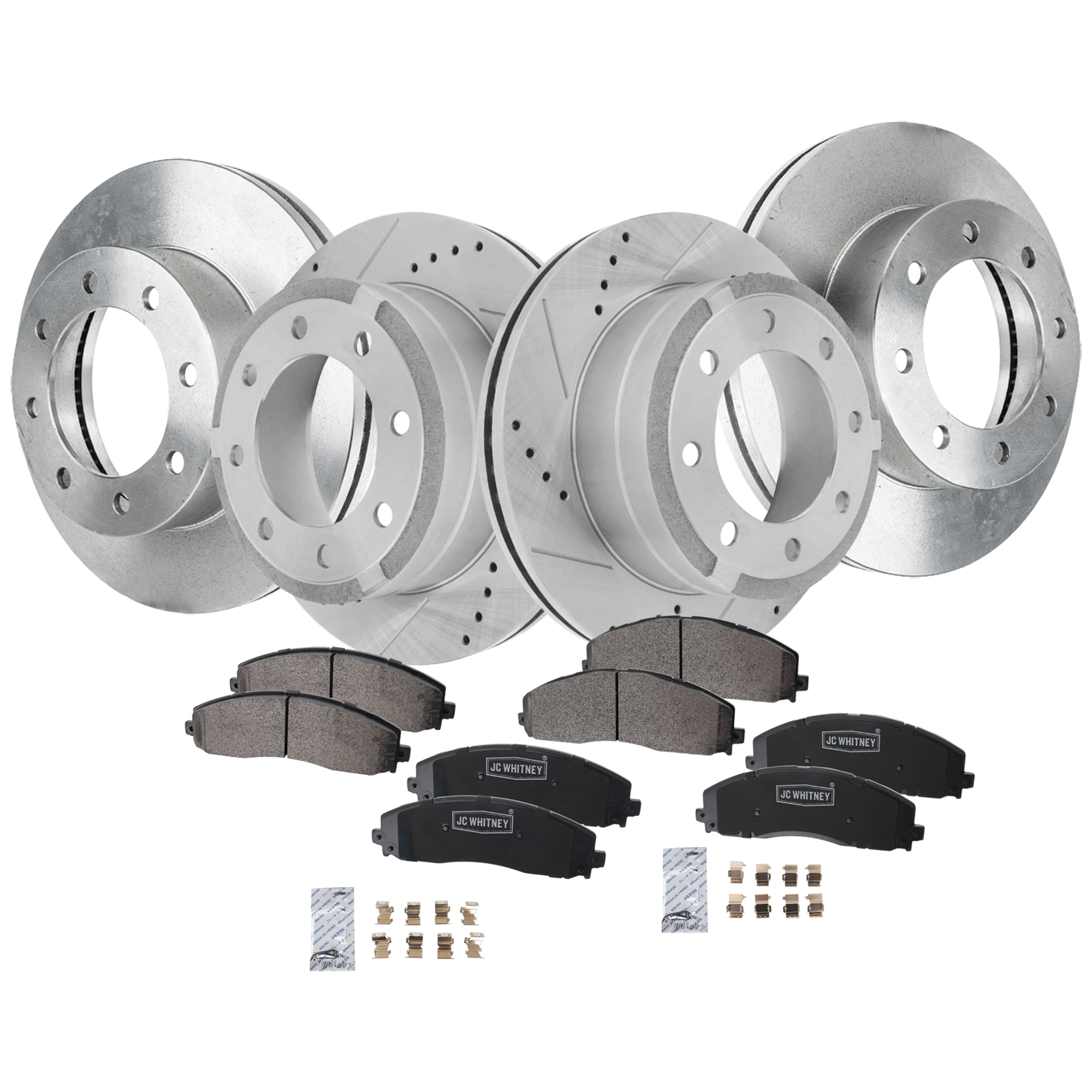 AM F 350 SUPER DUTY 13-22 F 250 SUPER DUTY 13-22 FRONT AND REAR BRAKE DISC AND PAD KIT 4 Wheel Set Front Plain Surface Rear Cross drilled and Slotted Vented 8 Lugs SKU KIT 110125 GD003 OEM 42293-681778-850348-60054227-6