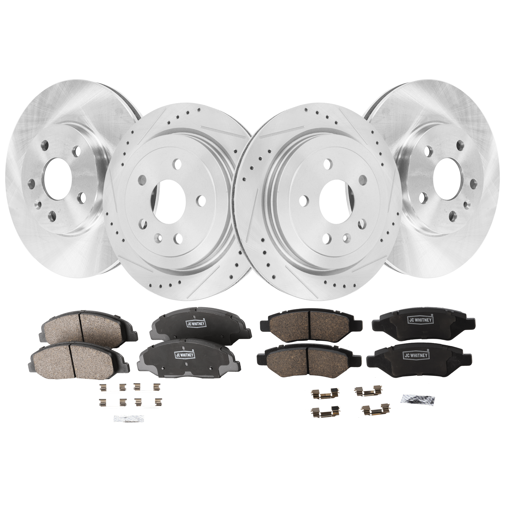 AM CTS 10-14 FRONT AND REAR BRAKE DISC AND PAD KIT 4 Wheel Set Front Plain Surface Rear Cross drilled and Slotted Vented 5 Lugs SKU KIT 110125 GD005 OEM 41237-55171-72038-493955-85013