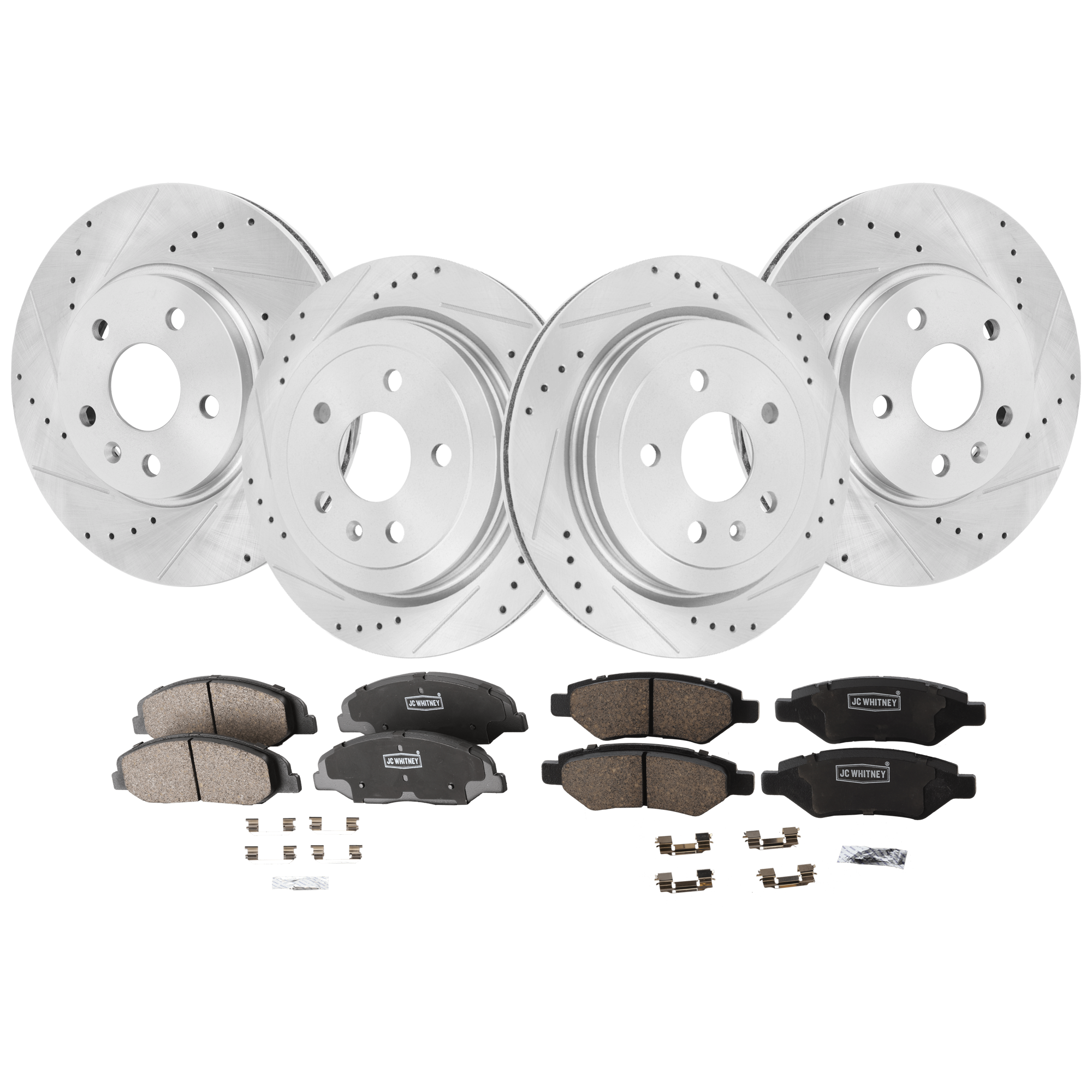 AM CTS 10-14 FRONT AND REAR BRAKE DISC AND PAD KIT 4 Wheel Set Cross drilled and Slotted Vented 5 Lugs SKU KIT 110125 GD007 OEM 41237-55171-72038-493955-85013