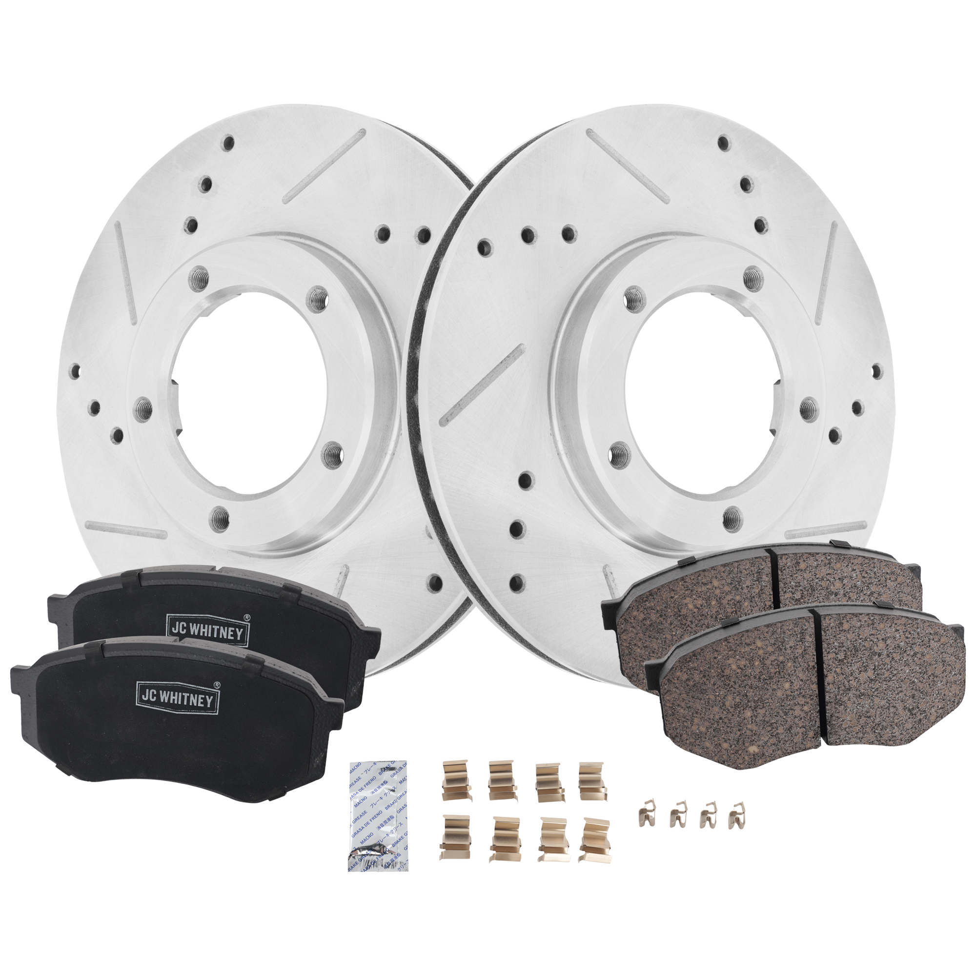 AM TACOMA 95-04 FRONT BRAKE DISC AND PAD KIT 2 Wheel Set Cross drilled and Slotted 5 Lugs Ceramic SKU KIT 110223-01 OEM 1305-19869-25489-31146-63585-8