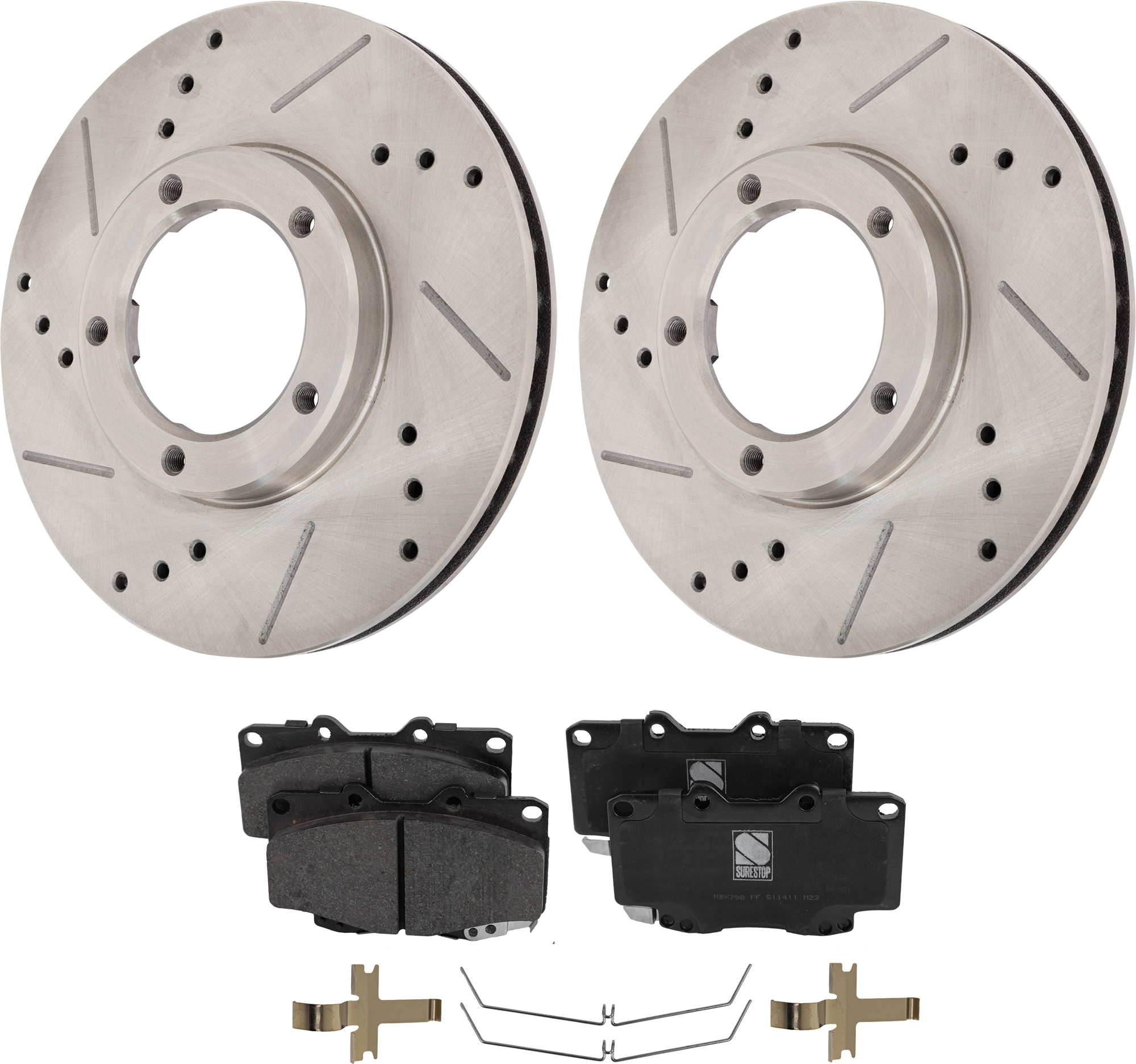 AM TACOMA 00-02 FRONT BRAKE DISC AND PAD KIT 2 Wheel Set Cross drilled and Slotted 5 Lugs Ceramic SKU KIT 110223-03 OEM 1305-19869-25489-31146-63585-8
