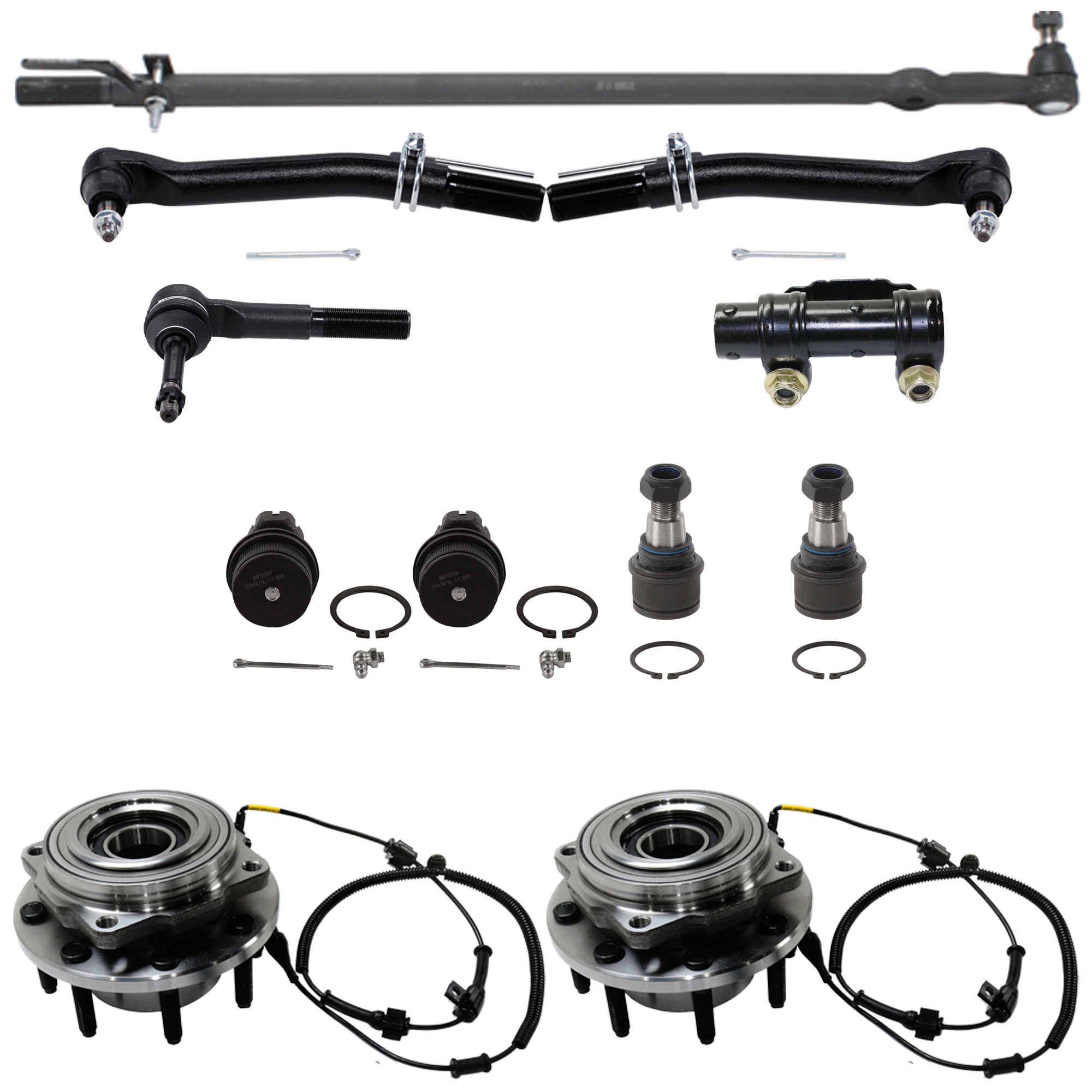 AM F 250 F 350 SUPER DUTY 05-10 FRONT SUSPENSION KIT RH AND LH 11 pc kit with Ball Joints Drag Link Tie Rod Adjusting Sleeve Tie Rod Ends and Wheel Hubs SKU KIT 110817-01 OEM 10339-104273-2601248-2601646-4
