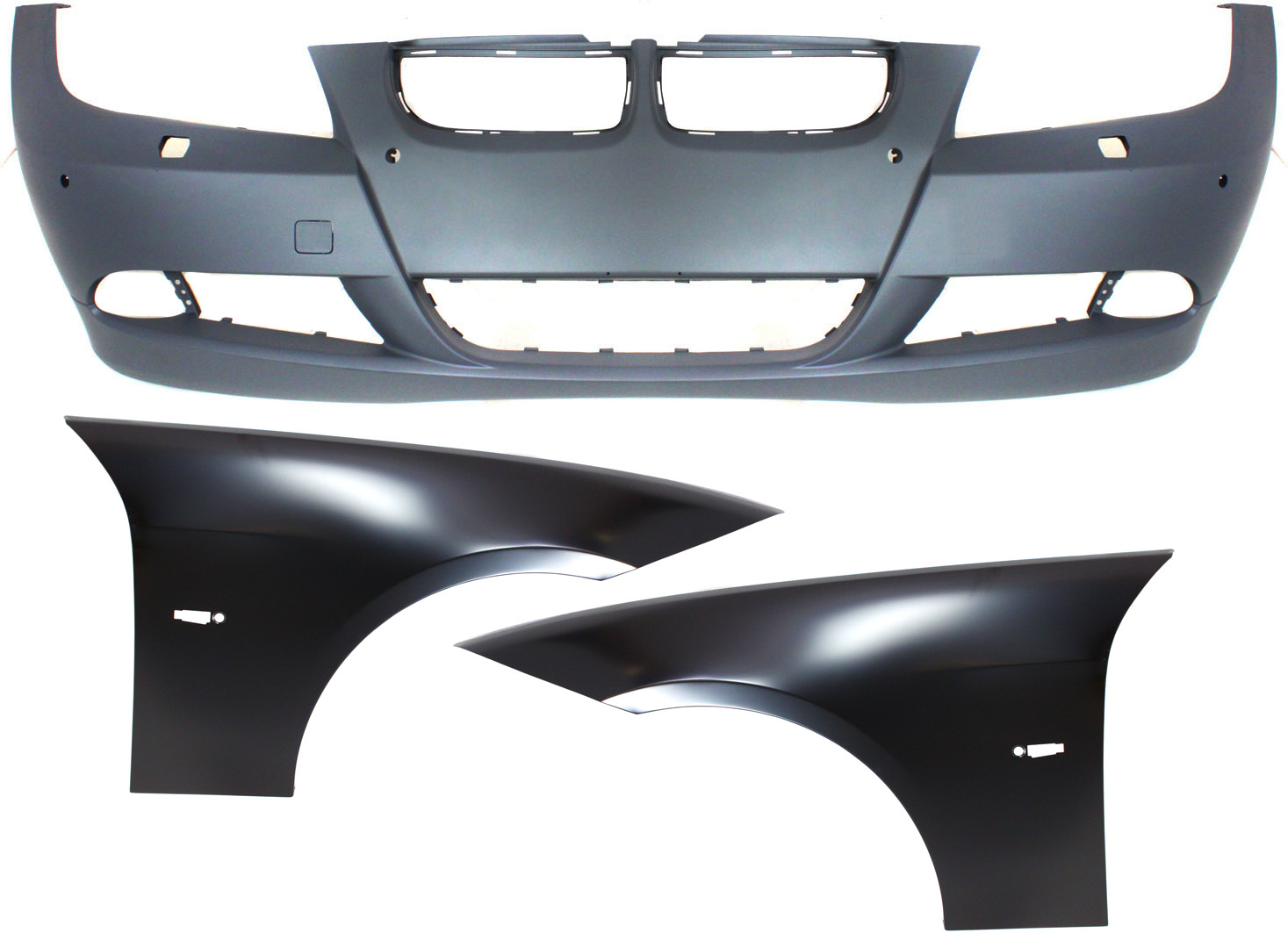 AM 3 SERIES 06-08 FRONT BUMPER COVER 3 pc Kit with Fenders SKU KIT 110817-09 Partslink BM1000177 BM1240138 BM1241138 OEM 51117170053-41357135679-413571