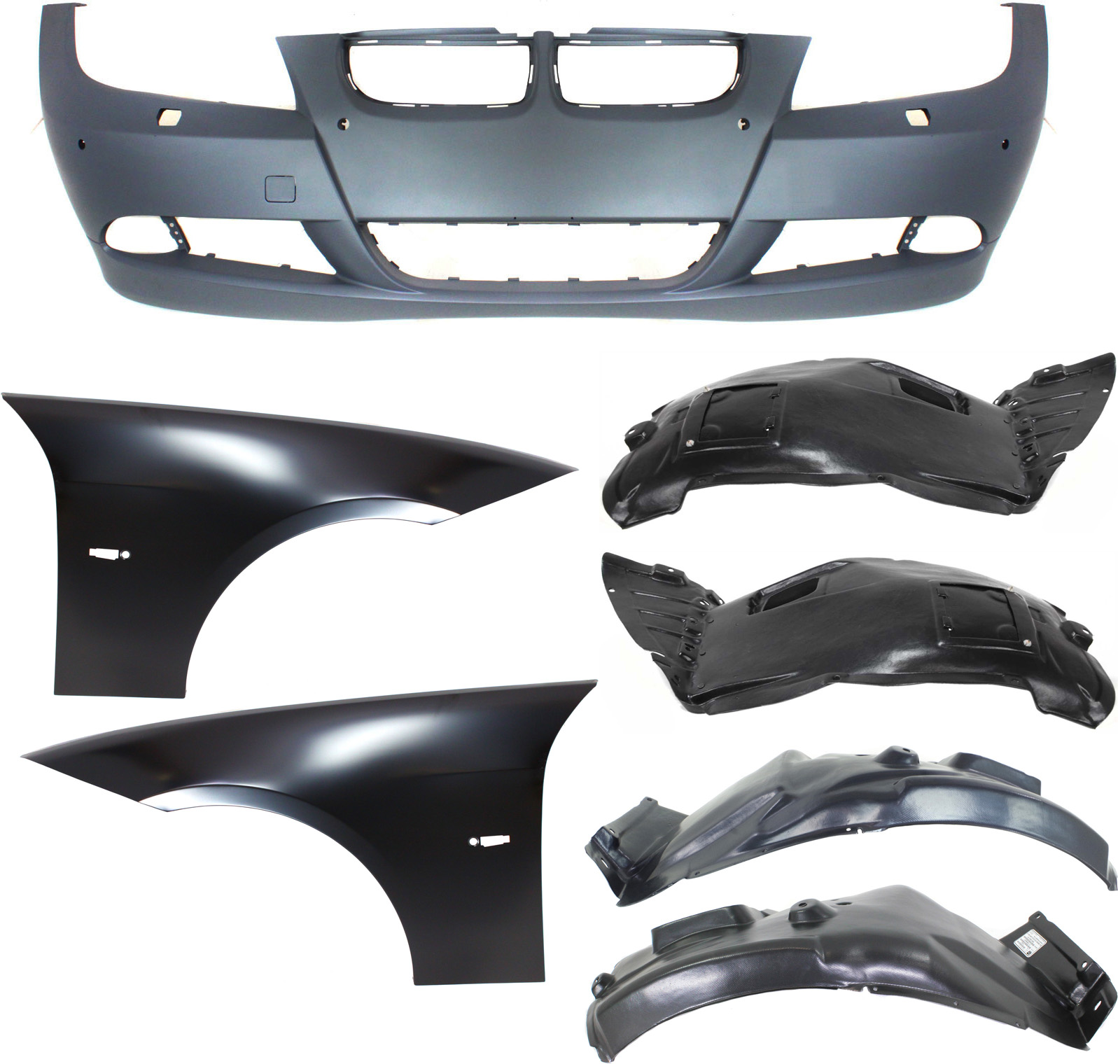 AM 3 SERIES 06-08 FRONT BUMPER COVER 7 pc Kit with Fenders and Fender Liners SKU KIT 110817-10 Partslink BM1000177 BM1240138 BM1241138 OEM 51117170053-41357135679-413571