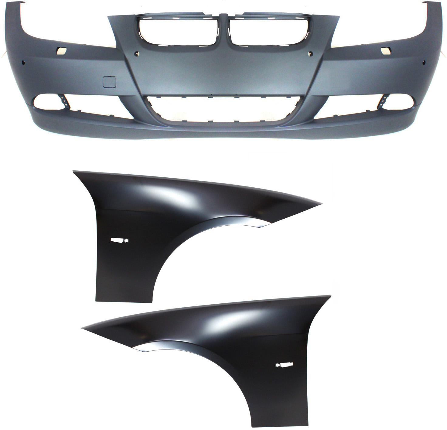 AM 3 SERIES 06-08 FRONT BUMPER COVER 3 pc Kit with Fenders SKU KIT 110817-12 Partslink BM1000179 BM1240138 BM1241138 OEM 51117170052-41357135679-413571