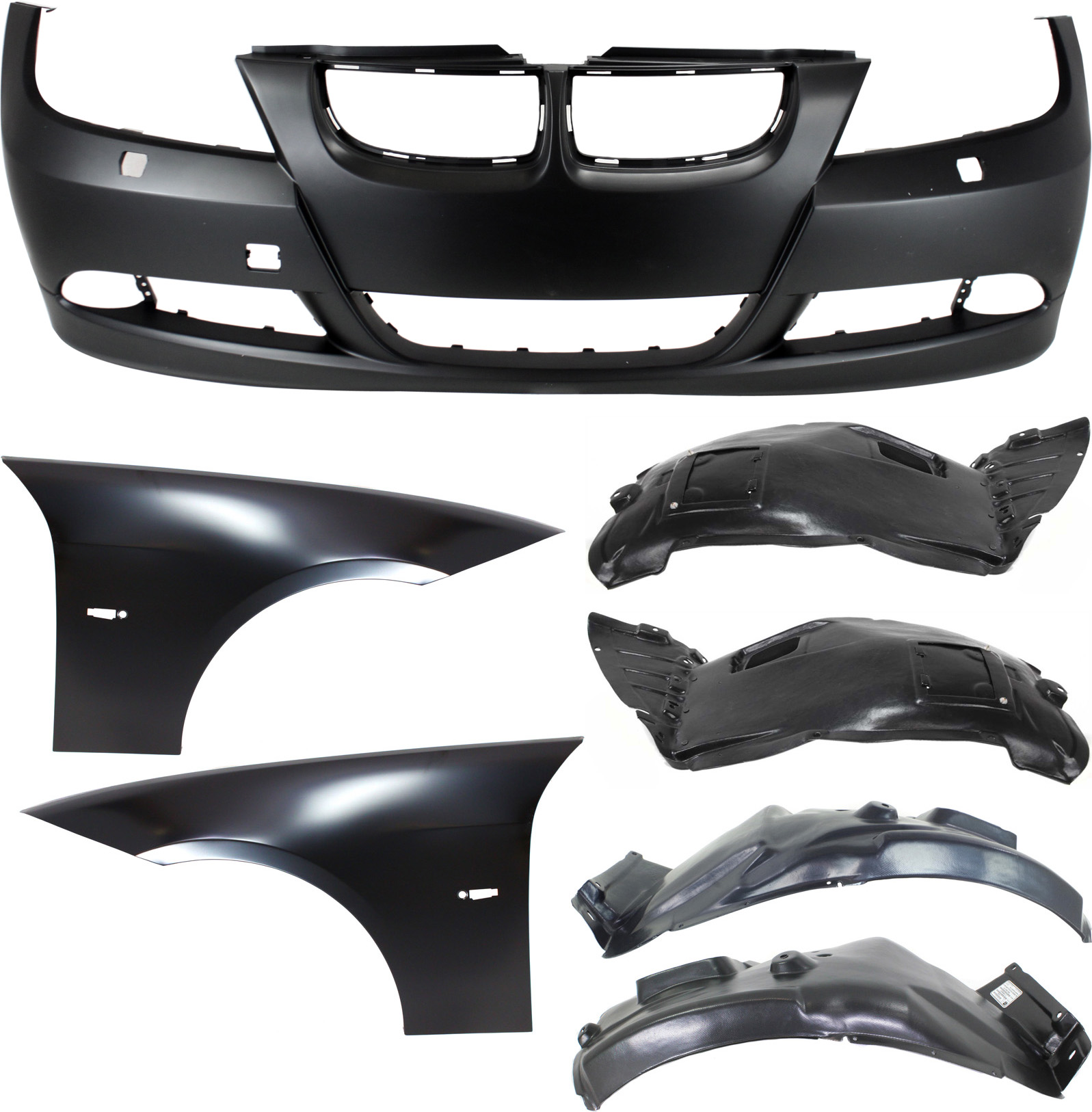 AM 3 SERIES 06-08 FRONT BUMPER COVER 7 pc Kit with Fenders and Fender Liners SKU KIT 110817-13 Partslink BM1000179 BM1240138 BM1241138 OEM 51117170052-41357135679-413571