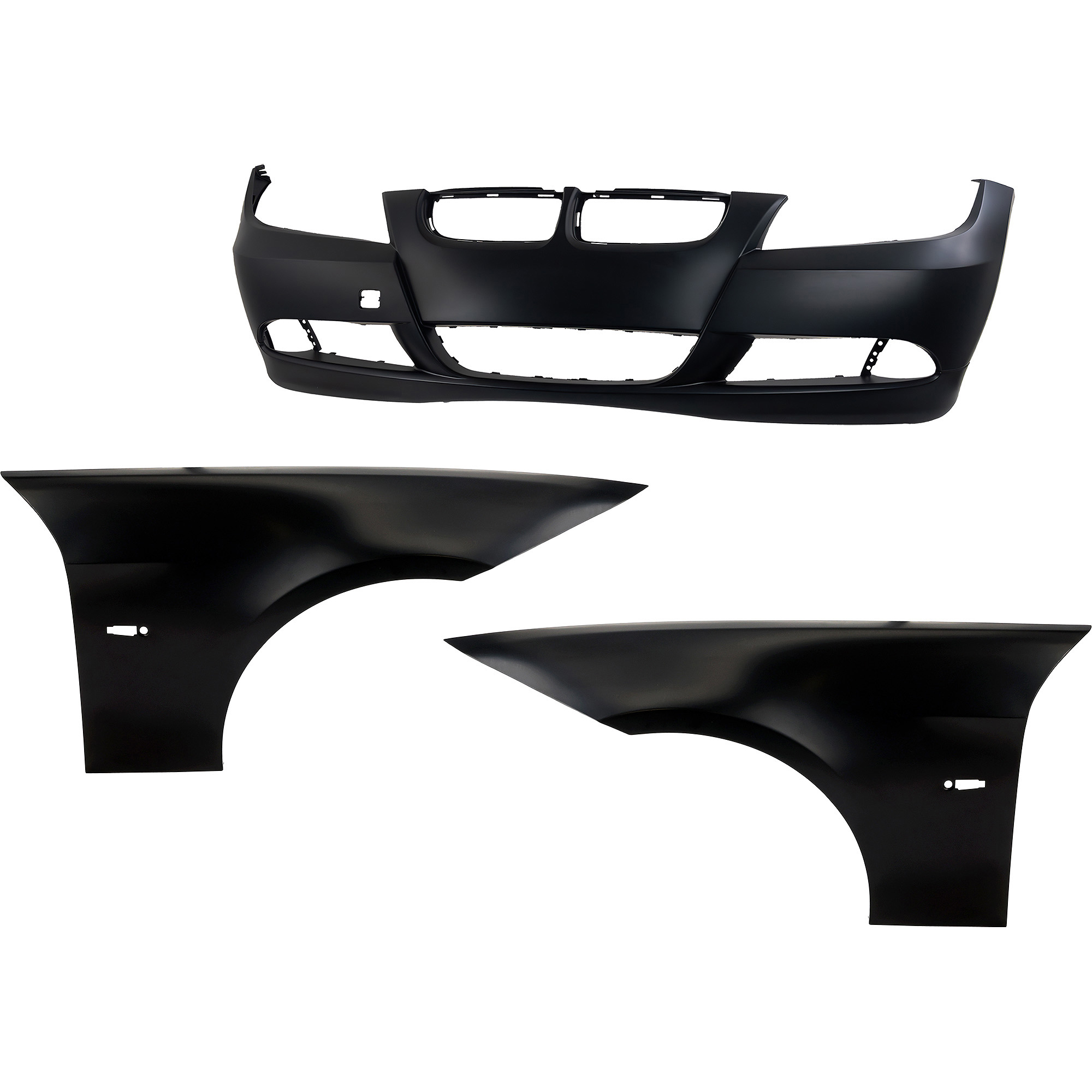 AM 3 SERIES 06-08 FRONT BUMPER COVER 3 pc Kit Primed w Fenders SKU KIT 110817-15 Partslink BM1000180 BM1240138 BM1241138 OEM 51117140859-41357135679-413571