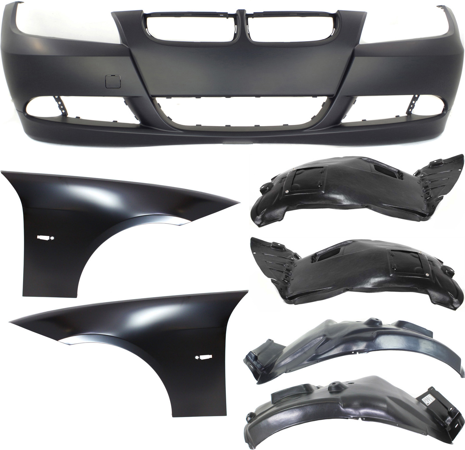 AM 3 SERIES 06-08 FRONT BUMPER COVER 7 pc Kit Primed w Fenders and Fender Liners SKU KIT 110817-16 Partslink BM1000180 BM1240138 BM1241138 OEM 51117140859-41357135679-413571