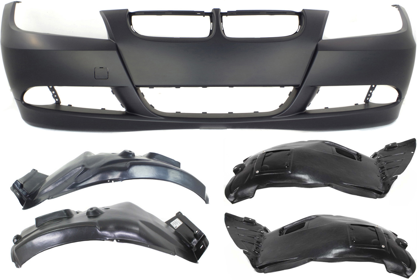 AM 3 SERIES 06-08 FRONT BUMPER COVER 5 pc Kit Primed w Fender Liners SKU KIT 110817-17 Partslink BM1000180 OEM 51117140859-51717059377 PFM 51