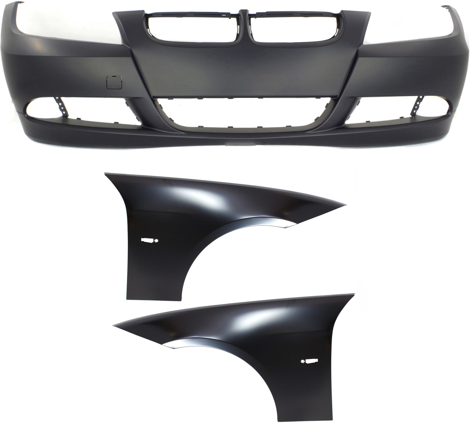 AM 3 SERIES 06-08 FRONT BUMPER COVER 3 pc Kit with Fenders SKU KIT 110817-18 Partslink BM1000178 BM1240138 BM1241138 OEM 51117170051-41357135679-413571