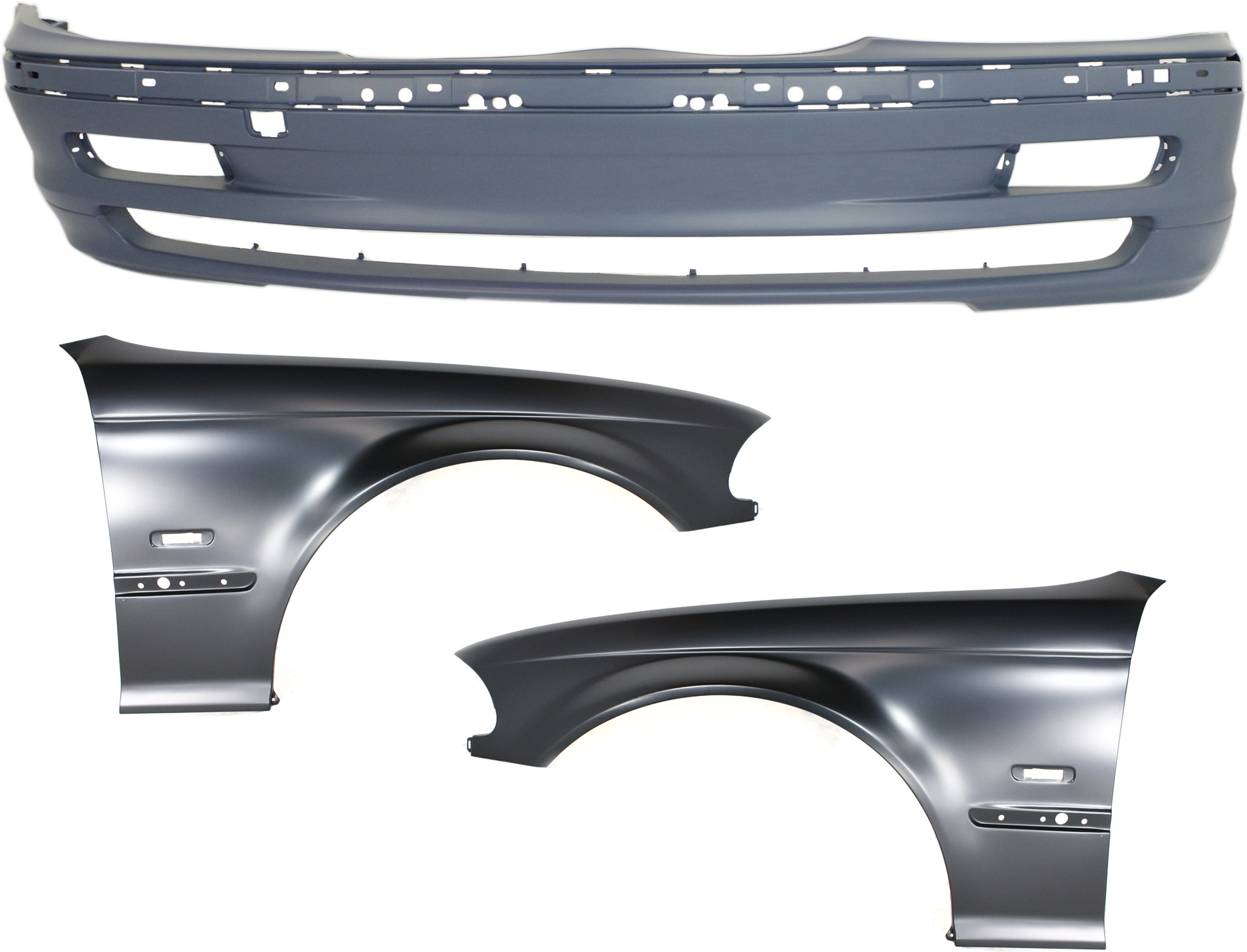 AM 3 SERIES 99-01 FRONT BUMPER COVER 3 pc Kit with Fenders SKU KIT 110817-24 Partslink BM1000126 BM1240122 BM1241122 OEM 51118195284-41358240405-413582